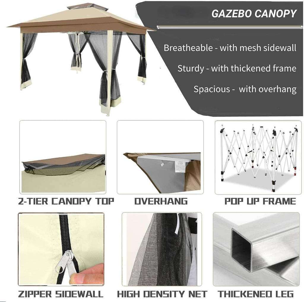 HOTEEL 13x13 Pop Up Gazebo Canopy Tent - Easy Up Outdoor Waterproof Portable Gazebo With Mosquito Nettings, Double Vented Roof and Carry Bag for Patio Garden Lawn (Khaki)