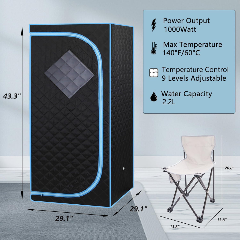 Portable Steam Sauna | Full Size Portablel Sauna Tent | Personal Home Sauna Spa | with 2.2L Water Injection Rate and 1000W Steam Generator, Portable Chair, Black (Blue Edge)