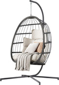 HWB Hanging Egg Chair with Stand, Patio Wicker Egg Swing Chair with Cushion for Bedroom Garden Indoor Outdoor (Beige)