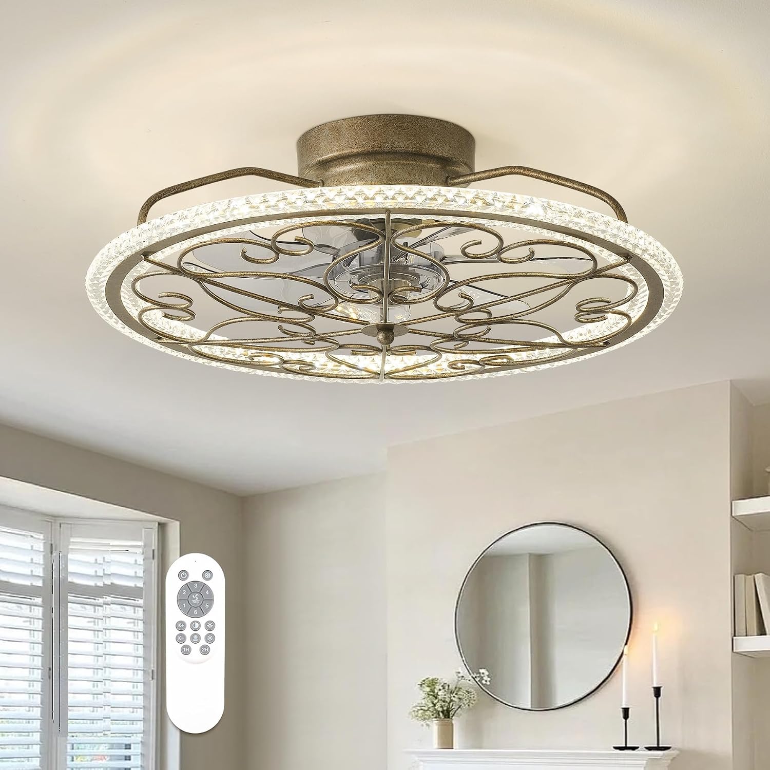 Low Profile Ceiling Fan with Lights 20' Ceiling Fan with Remote Bladeless Ceiling Fan Boho Vintage Flush Mount Ceiling Fan with Light 3 Color Smart LED Dimmable,Handmade Antique Vintage Silver