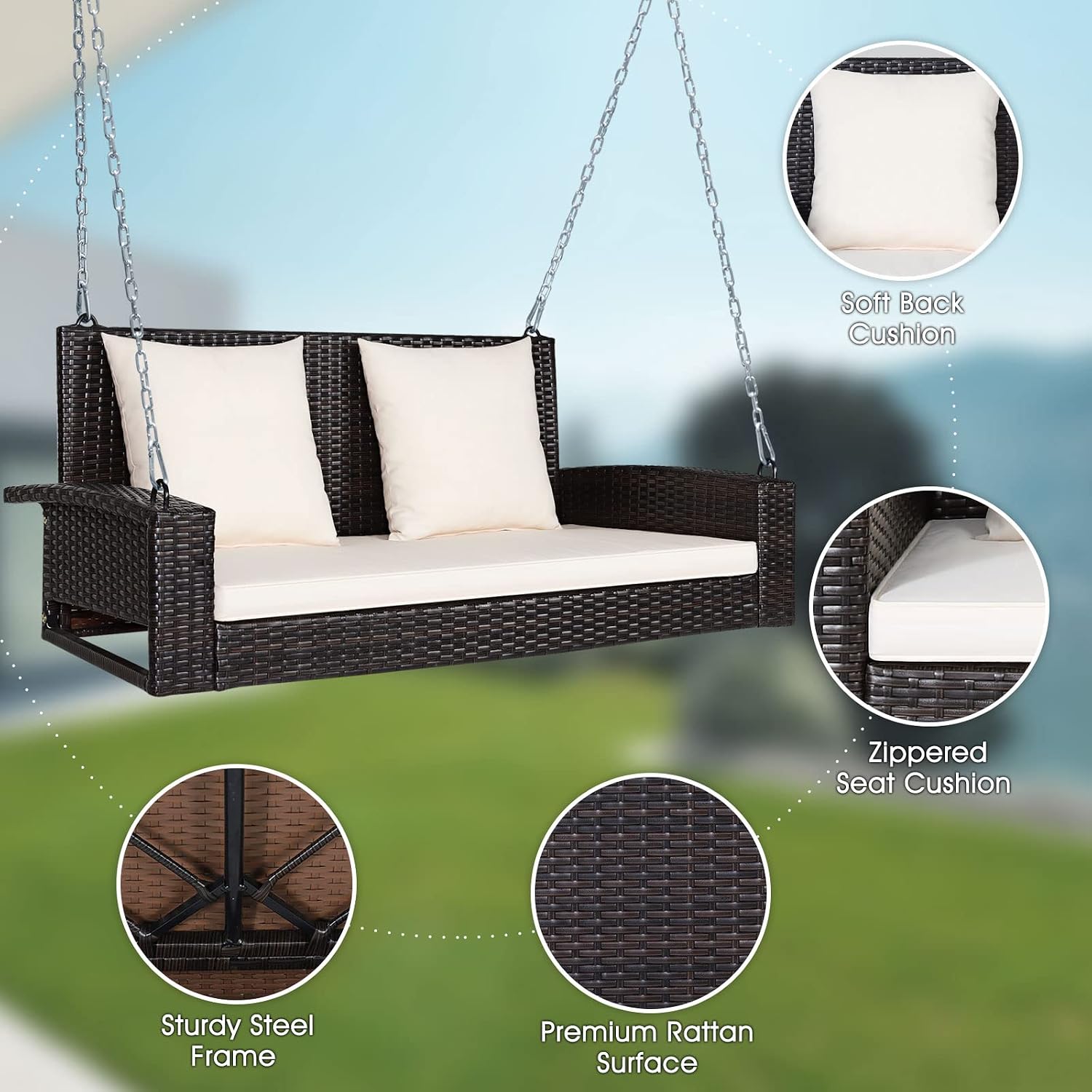 Tangkula 2-Person Wicker Porch Swing, Patiojoy Outdoor Rattan Hanging Swing Bench W/ 2 Back Cushions & 1 Seat Cushion, Sturdy Steel Chain, 800lbs Weight Capacity