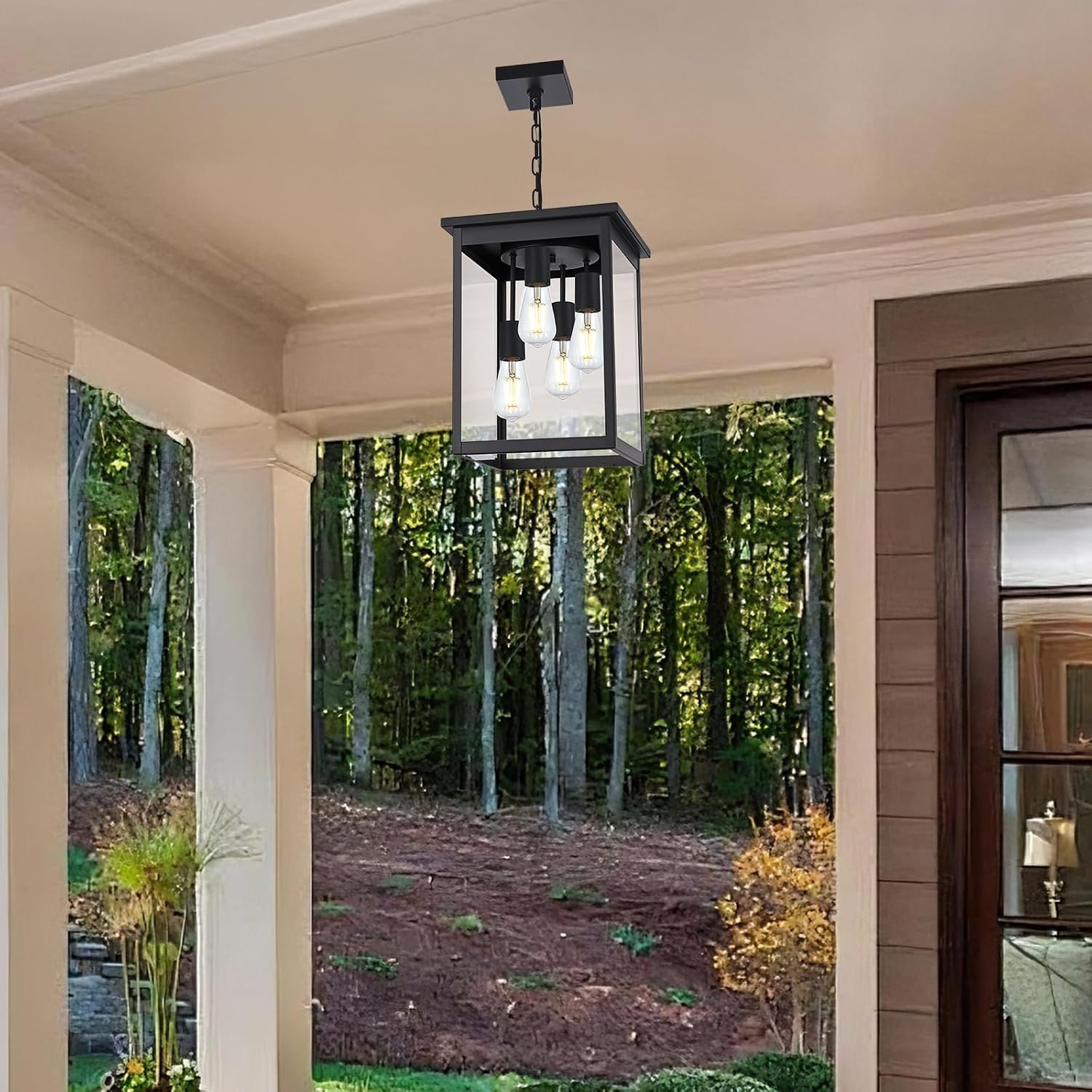 Yaohong Large Outdoor Pendant Lights for Porch, 4-Lights Black Exterior Pendant Light with Clear Glass, Outdoor Porch Light Ceiling Mount Outdoor Hanging Light Fixture for Gazebo, Patio, Entryway