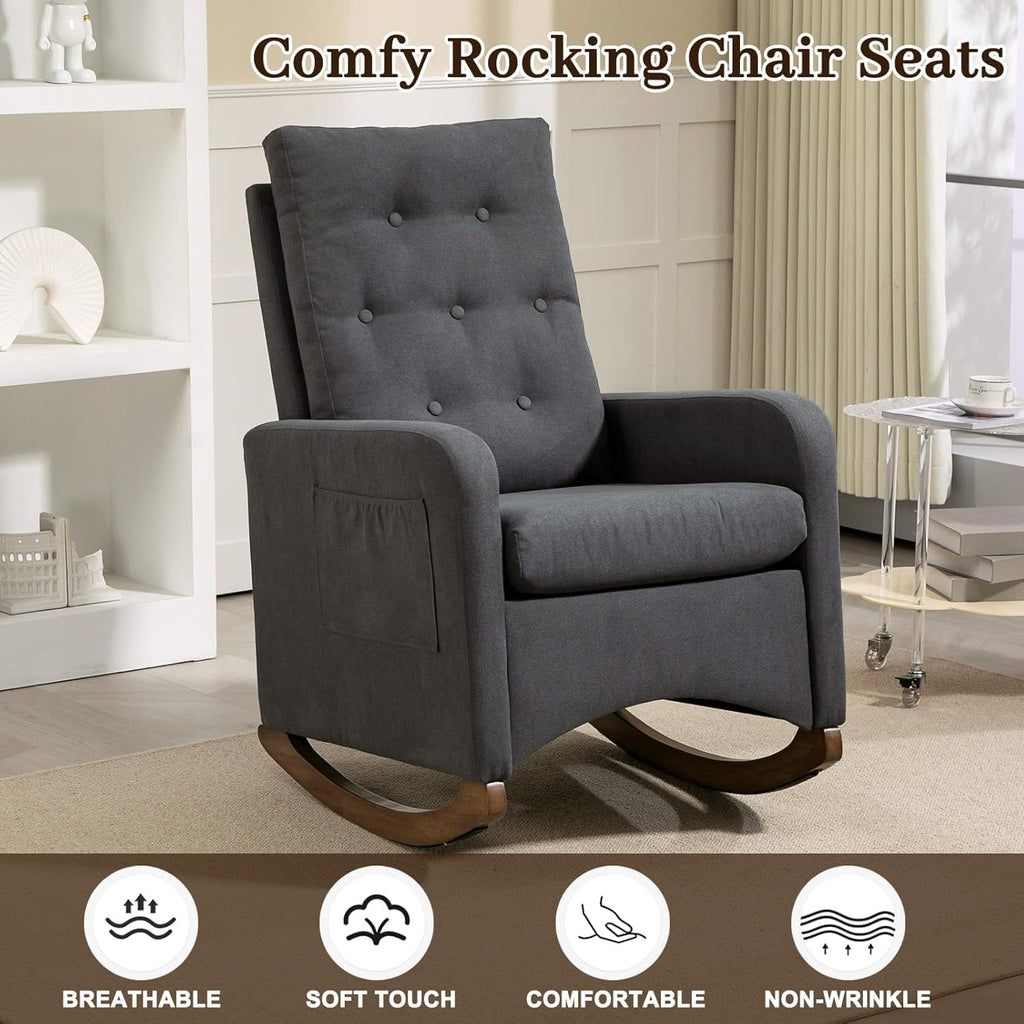 Nursery Rocking Chair, Comfy Upholstered Glider Rocker Armchair with Rubber Wood Legs High Back and Side Pocket for Living Room Bedroom, Deep Grey