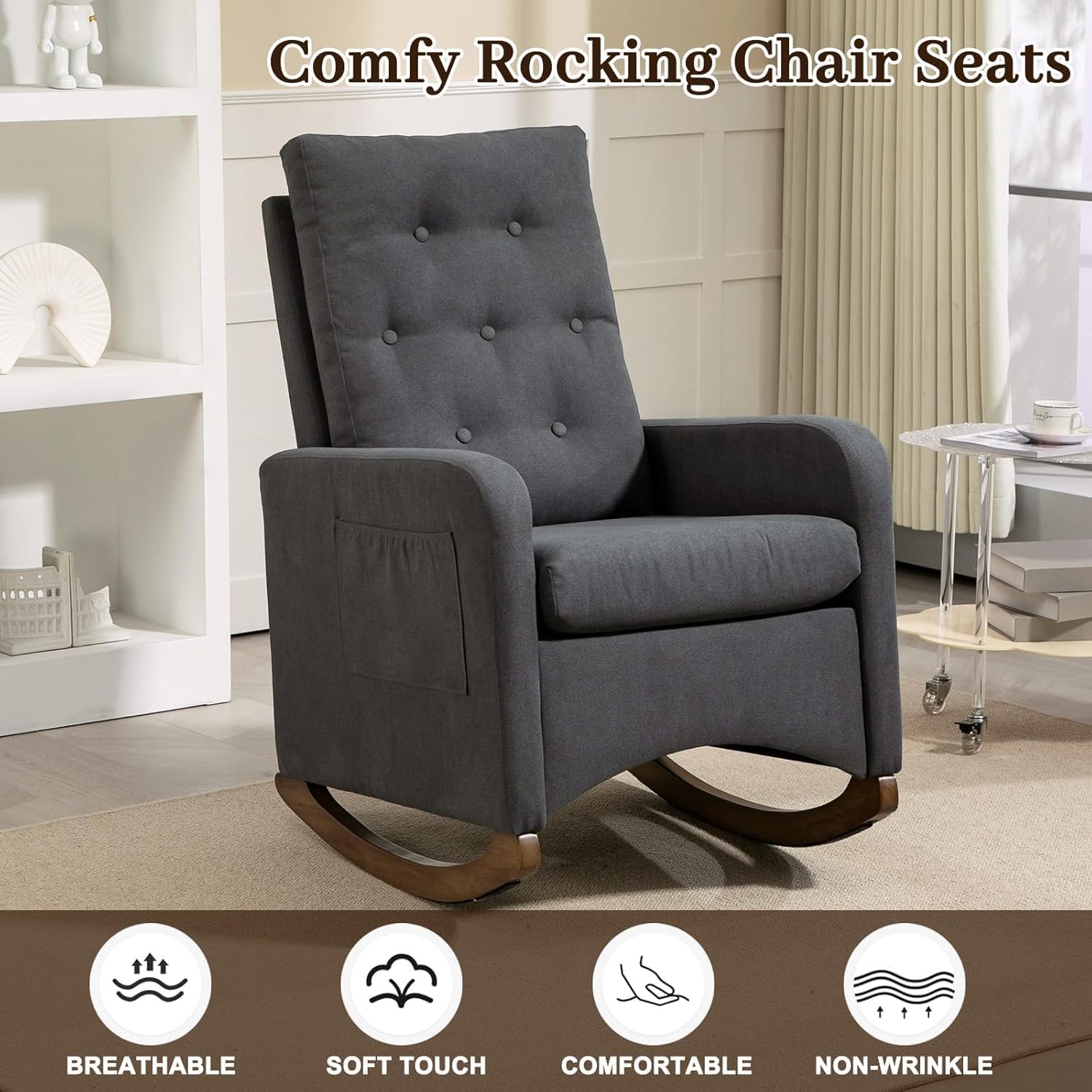 Nursery Rocking Chair, Comfy Upholstered Glider Rocker Armchair with Rubber Wood Legs High Back and Side Pocket for Living Room Bedroom, Deep Grey