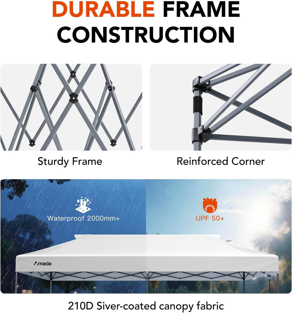 Amada 20x10 Pop Up Canopy Tent - Center Lock One Push Commercial Instant Canopies with 3-Height Adjustable & Wheeled Bag, 12 Stakes 6 Sandbags 6 Ropes, Great for Trade Shows, Events (20x10ft, White)