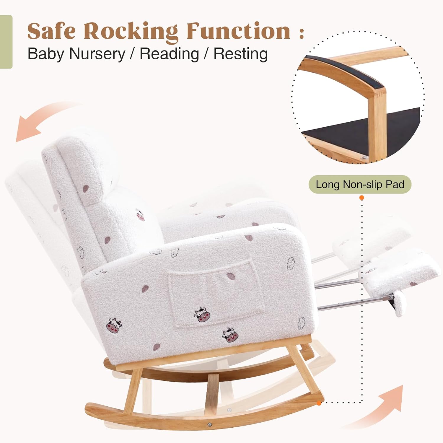 HCHAIRH Rocking Chair Nursery with Foot Rest, Nursing Rocking Chairs for Mom Breastfeeding, Teddy Rocker Glider Chair with High Backrest for Living Room, Bedroom, Cow Printed White