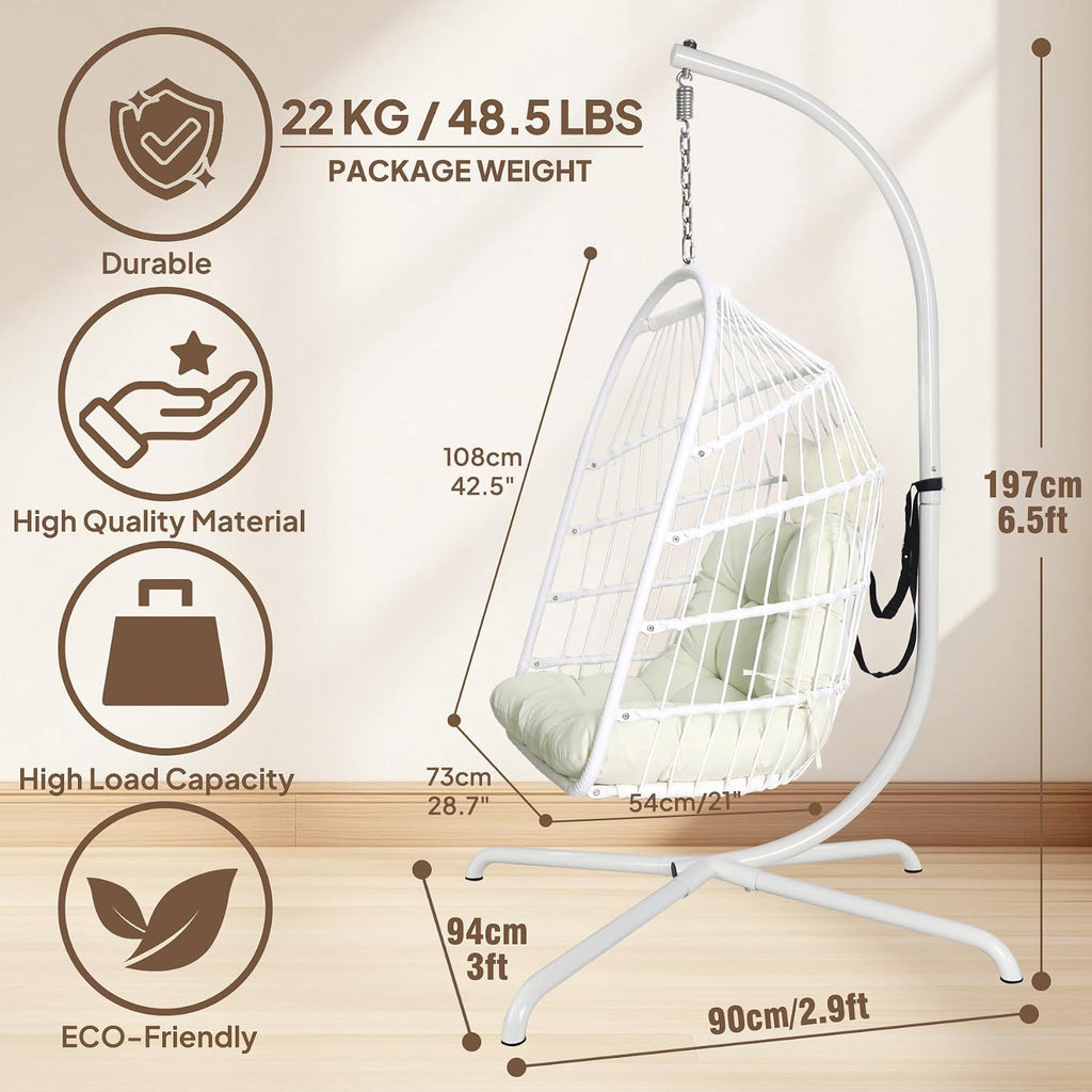 Chihee Egg Chair with Ultra Strong Stand and Cushion Foldable Wicker Rattan Hanging Chair Indoor Outdoor Patio Lounging Chair 330 lbs Capacity Balcony Porch Bedroom Garden