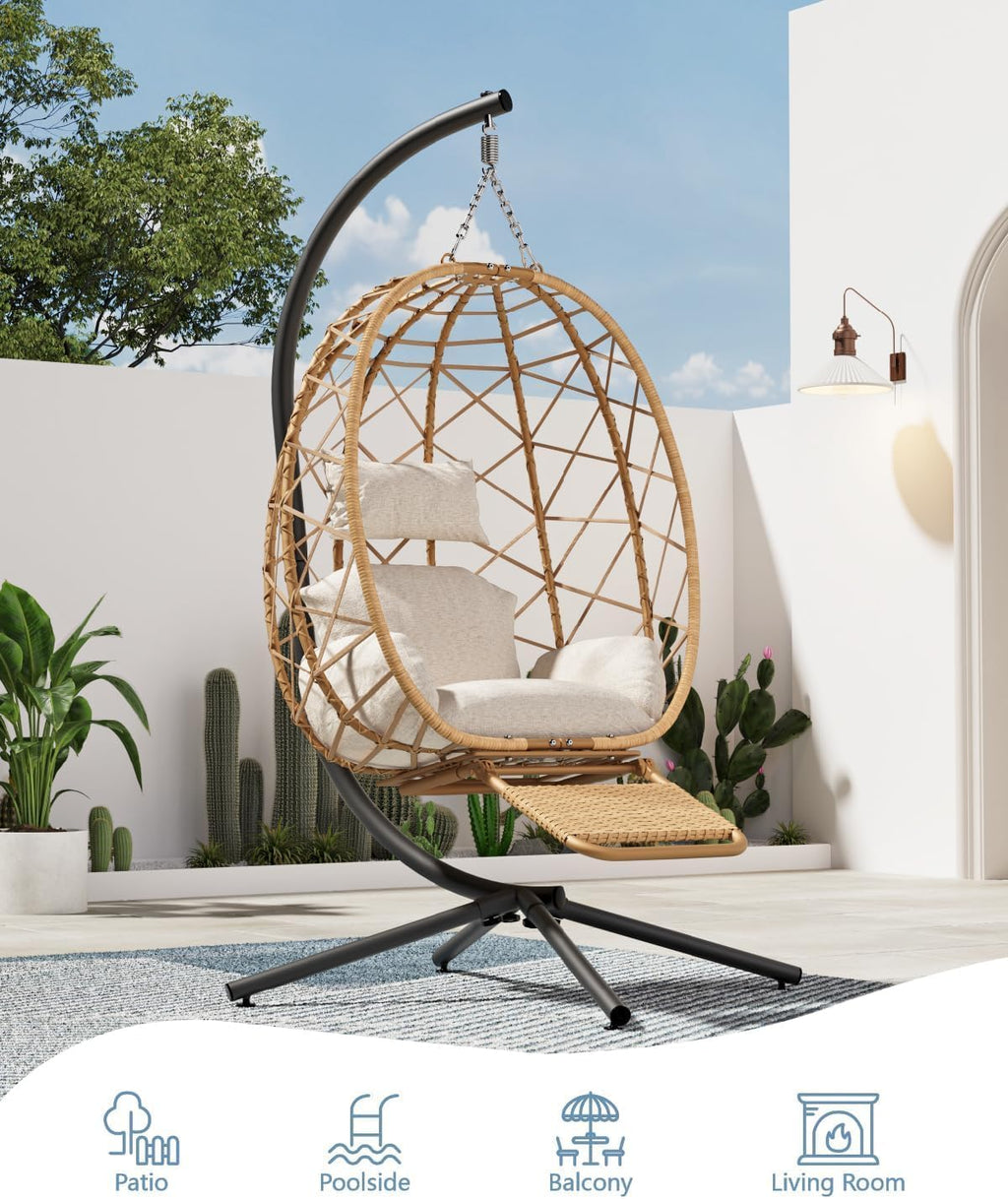 SWITTE Hanging Egg Chair with Stand & Footrest, Outdoor Indoor Rattan Wicker Swing Chair, Comfy Patio Egg Hammock Chairs with Cushion for Garden Backyard Balcony Bedroom, Natural