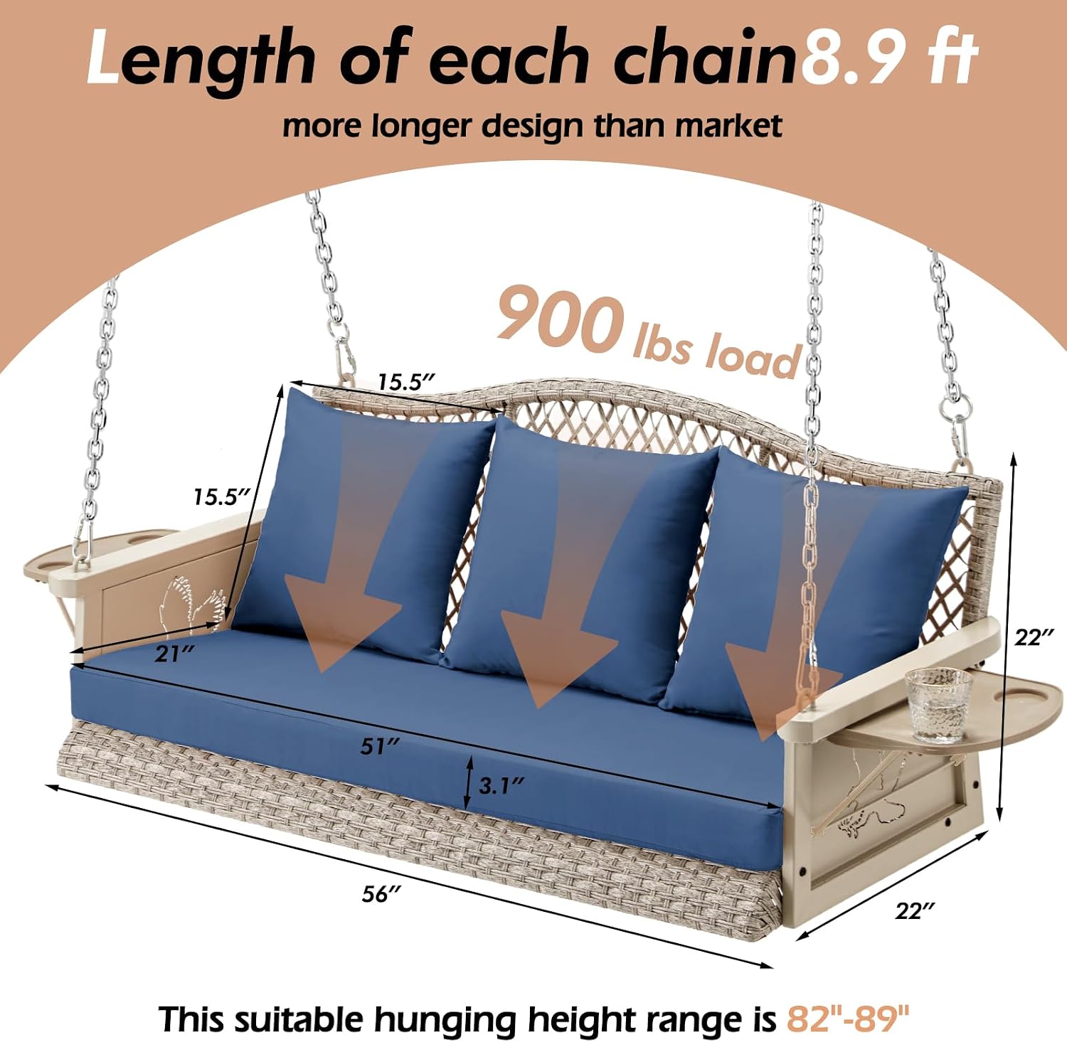 ZZW Upgraded Wicker Hanging Porch Swing Heavy Duty 900 LBS 3-Seat Outdoor Patio Swing Chair Bench for Adult w/ 8.9ft Hanging Chains Cushions and Cup Holder(Grey/Blue)