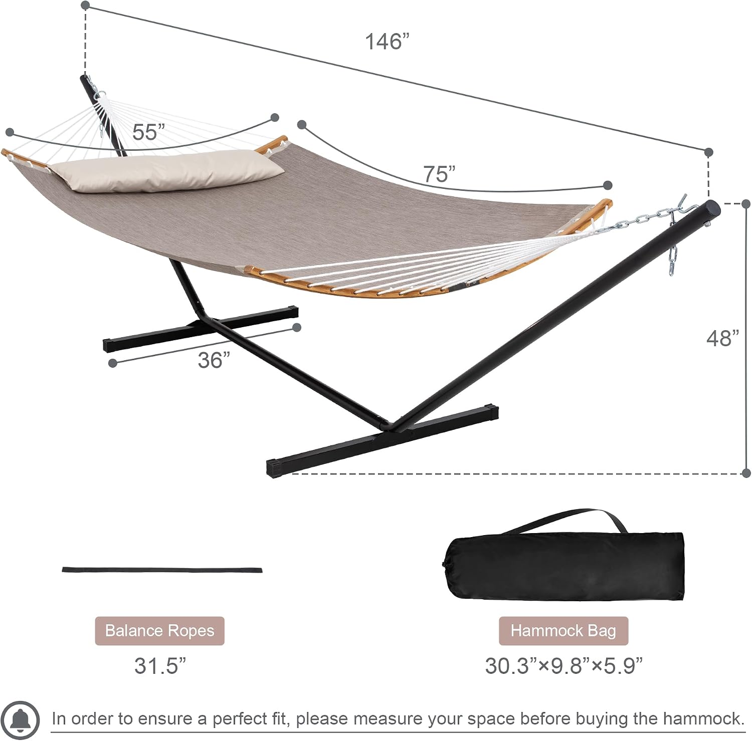 Quick Dry Hammock with Stand Included, Heavy Duty Hammock with 12FT Hammock Stand for Outside, Poolside, 450 Lbs Capacity, Brown