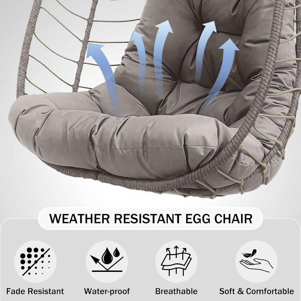 Foldable Egg Chair Outdoor with Stand, Indoor Wicker Hanging Egg Swing Chair with Cushion, 350lbs Capacity for Patio, Bedroom, Garden - Light Gray