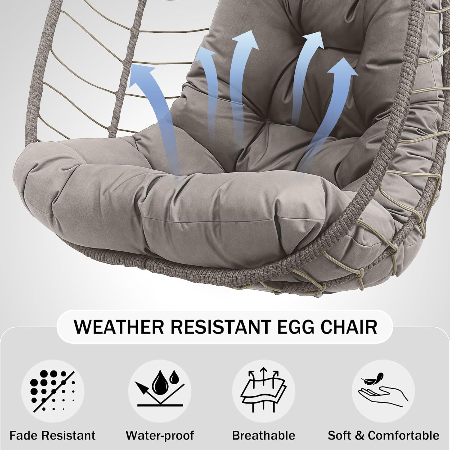 Foldable Egg Chair Outdoor with Stand, Indoor Wicker Hanging Egg Swing Chair with Cushion, 350lbs Capacity for Patio, Bedroom, Garden - Light Gray