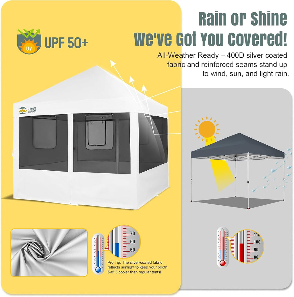CROWN SHADES Pop Up Canopy Tent with 4 Mosquito Netting, Instant Commercial Tent with 1-Person Setup Patended Centerlock, 400D Silver Coated Fabric, 4' Wheels, Sto'N Go Bag,