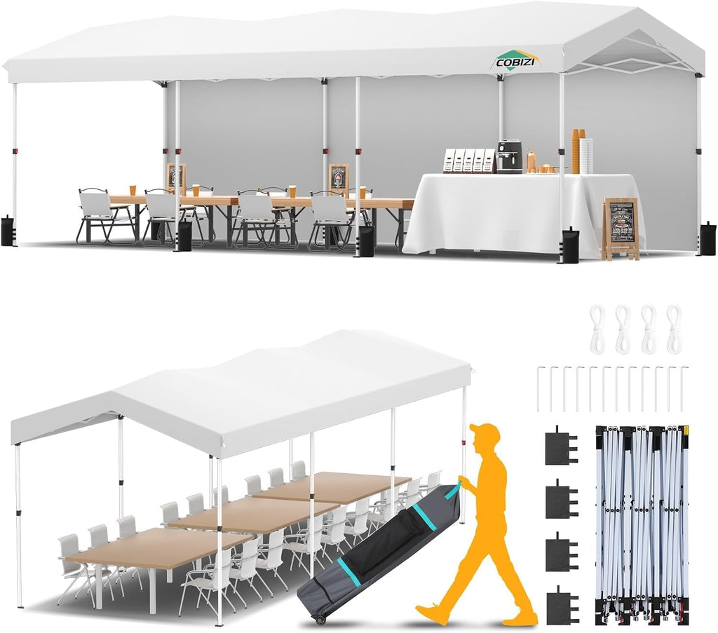 COBIZI 10x30 Pop Up Canopy with One Button Push Center Lock,Ez Up Portable Carport with 3 sidewalls,Waterproof UV50+ Outdoor Party Commercial Carport Canopy Gazebos with Roller Bag(10 x 30 ft White)