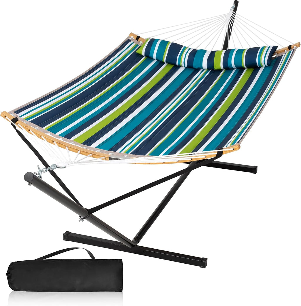 Hammock with Stand for Outside, Double Hammock with Stand, Pillow and Portable Bag, 450 Lbs Capacity, Green Blue Stripes