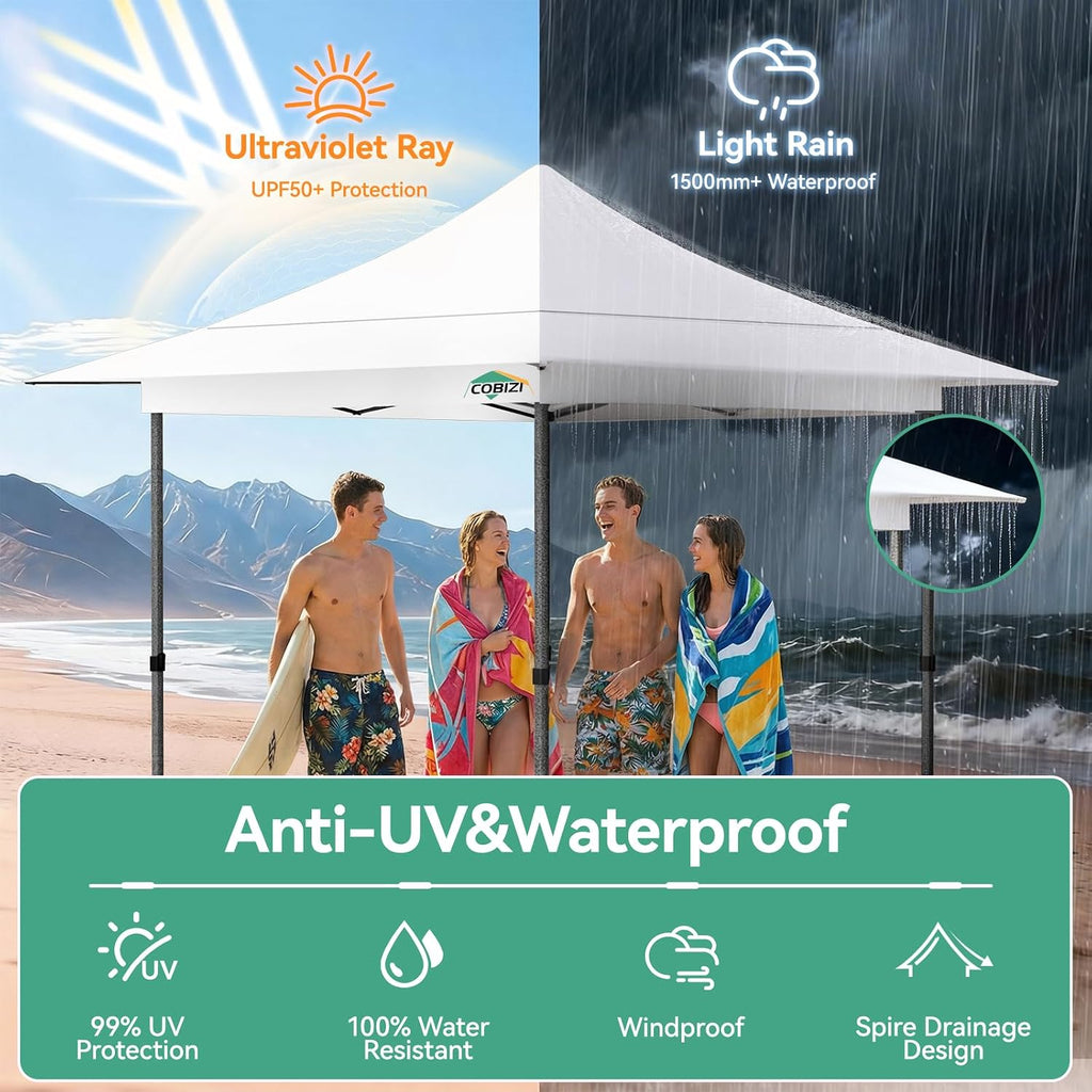 COBIZI 13x13 Pop Up Canopy Tent Heavy Duty with Sidewalls & Auto-Extending Eaves Outdoor Gazebo Easy Up for Backyard Party Commercial Events, All Weather Waterproof UV 50+(Leg Upgraded) White