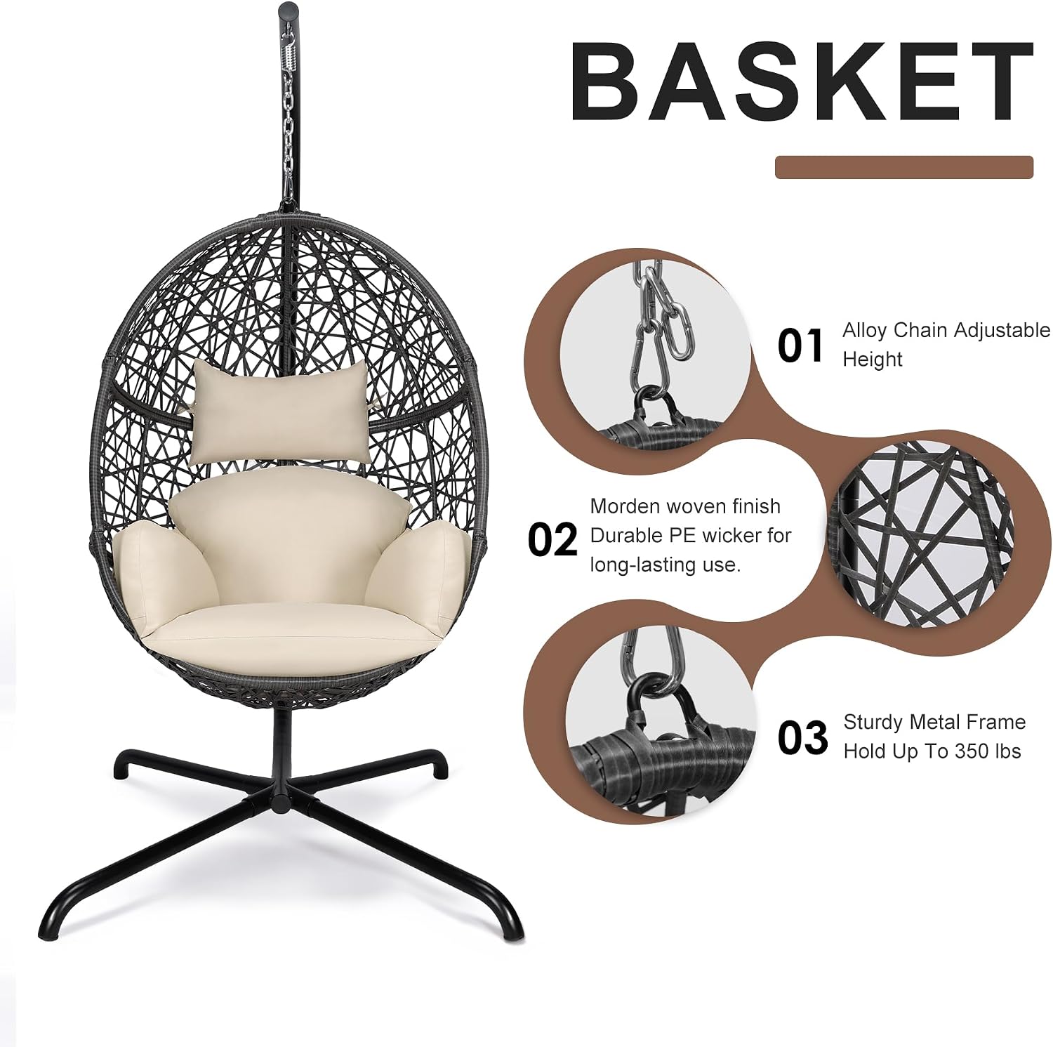 NICESOUL Bird Cage Swing Egg Chair, UV/Water-Resistant 450lbs Capacity Wicker Swinging Chairs with Stand, Comfy Oversized Hanging Seat w/Cushion, Metal Frame & Cover for Indoor Outdoor, Grey & Beige