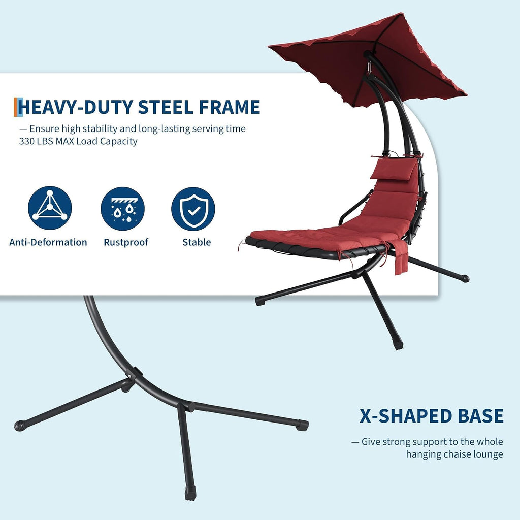 GarveeLife Chaise Lounger Swing Chair with Umbrella Canopy, Patio Hanging Chaise Lounger Chair with Stand, Curved Steel Outdoor Lounge Chairs for Indoor Patio Pool Garden Backyard Porch
