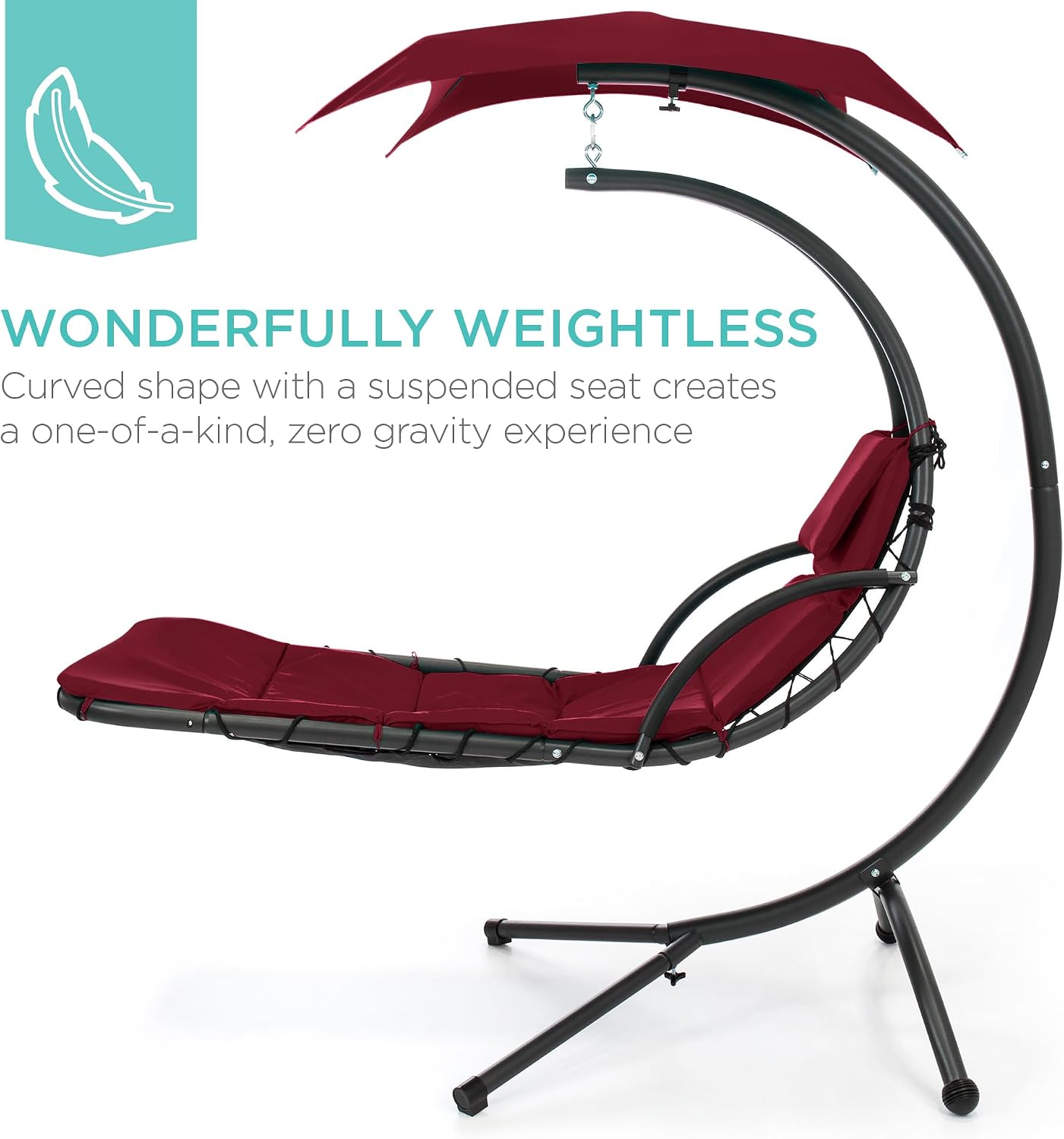 Best Choice Products Outdoor Hanging Curved Steel Chaise Lounge Chair Swing w/Built-in Pillow and Removable Canopy - Burgundy