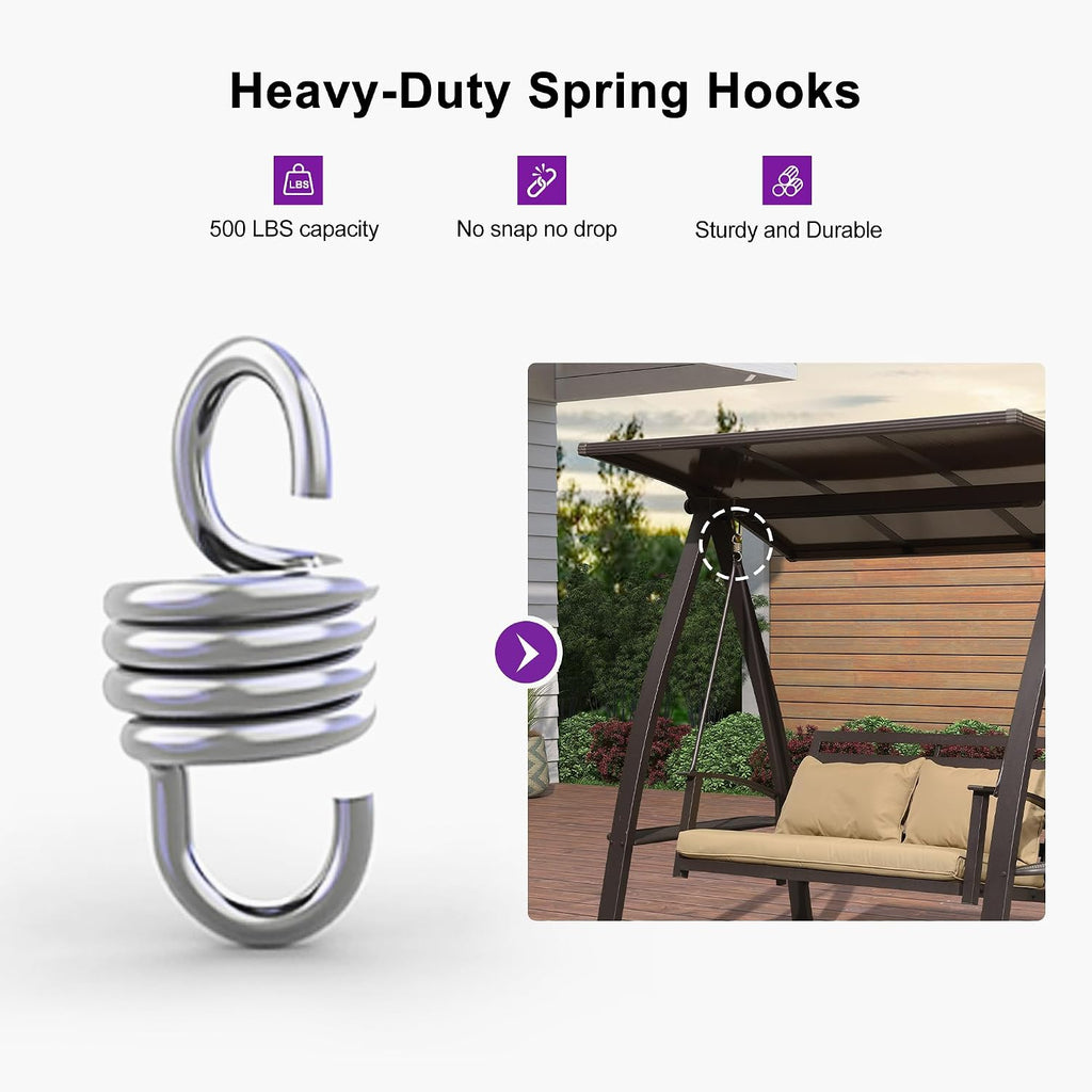PURPLE LEAF 2-Seat Porch Swing with Adjustable PVC Canopy Metal Patio Bench Glider Swing Bed Outdoor Swing Chair with Stand and Side Cup Holder for Outside Garden Porch, Cushion and Pillows Included