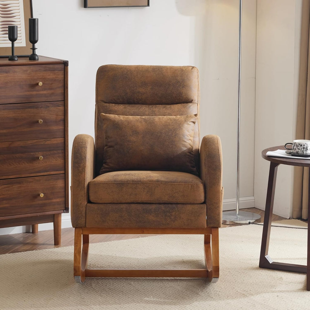 VINGLI Rustic Microfiber Nursing Rocking Chair with Thick Headrest, Upholstered Mid-century Modern Nursery Rocker Glider with Curved Armrest, Sturdy Solid Wood Base for Living Room, Bedroom, Baby Room