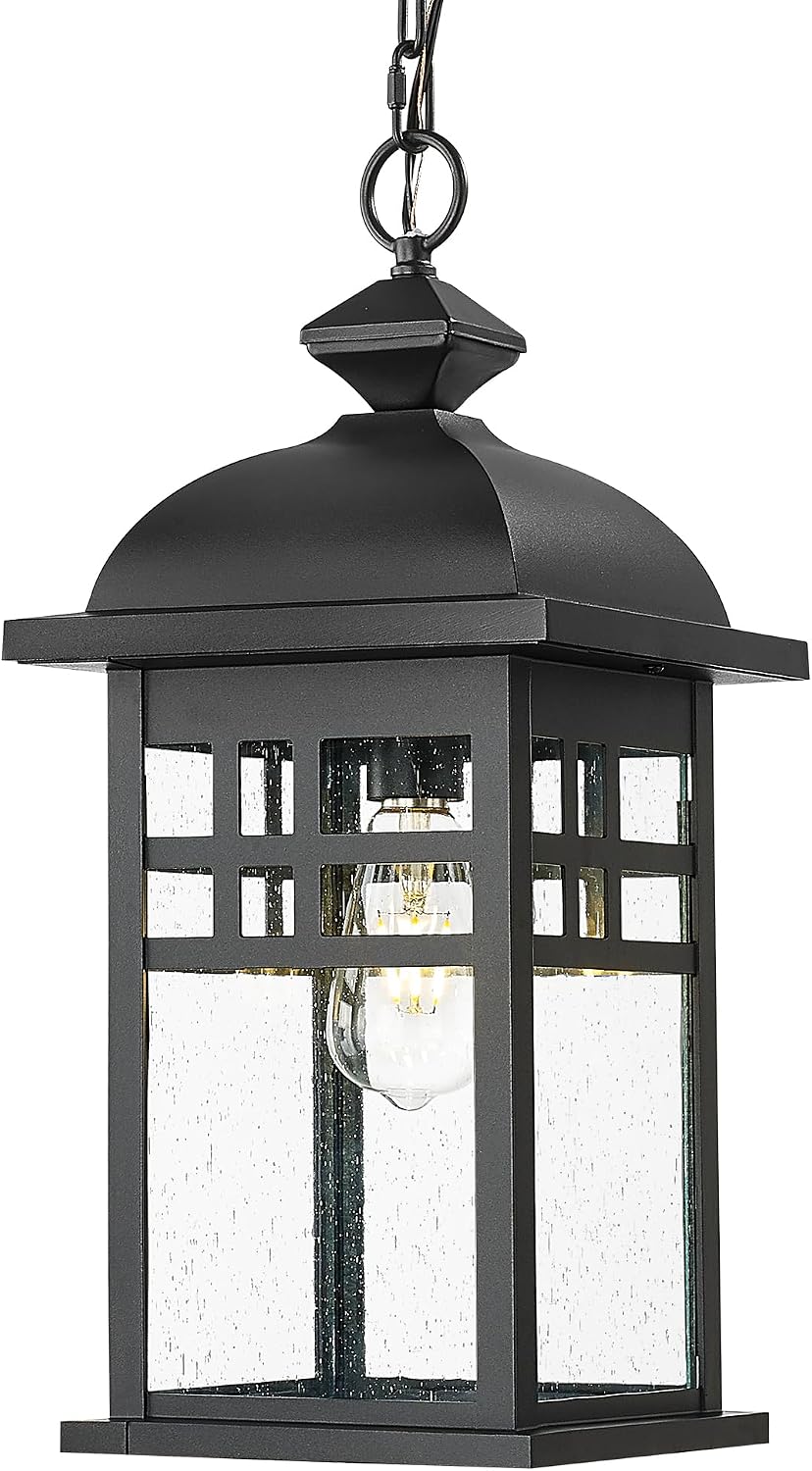 Emliviar 20' Farmhouse Outdoor Pendant Light, Large Outdoor Hanging Light for Porch Gazebo, Black Finish Aluminum with Seeded Glass Shade, DE279H-M BK