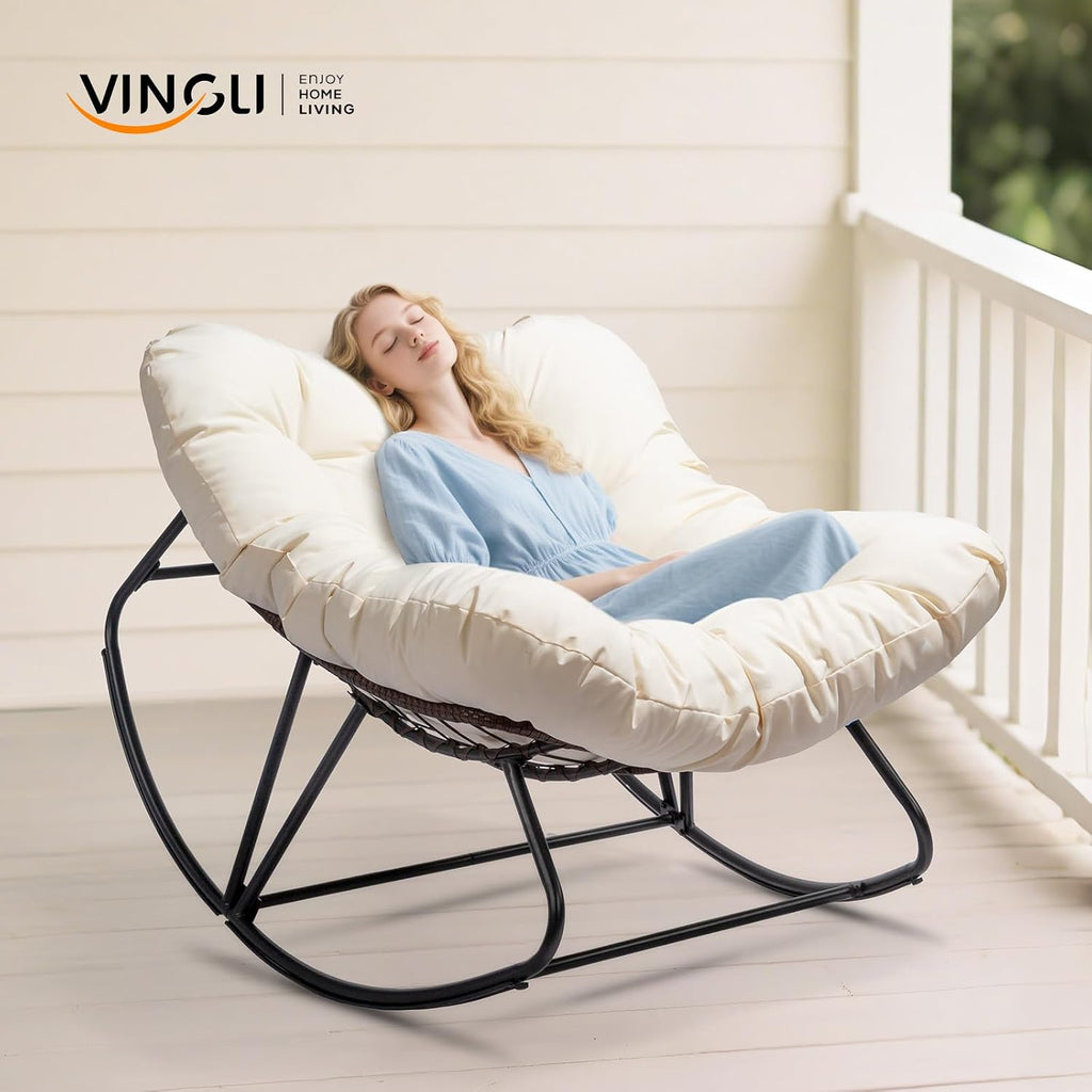 VINGLI Papasan Rocking Chair Outdoor, Patio Rocking Chair with Cushion, Comfortable Lounge Chair Weatherproof for Garden, Yard, Outdoor/Indoor, Beige