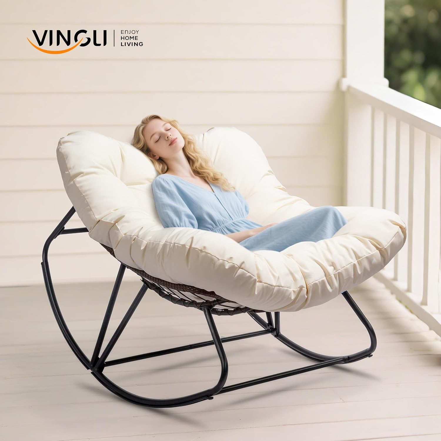 VINGLI Papasan Rocking Chair Outdoor, Patio Rocking Chair with Cushion, Comfortable Lounge Chair Weatherproof for Garden, Yard, Outdoor/Indoor, Beige