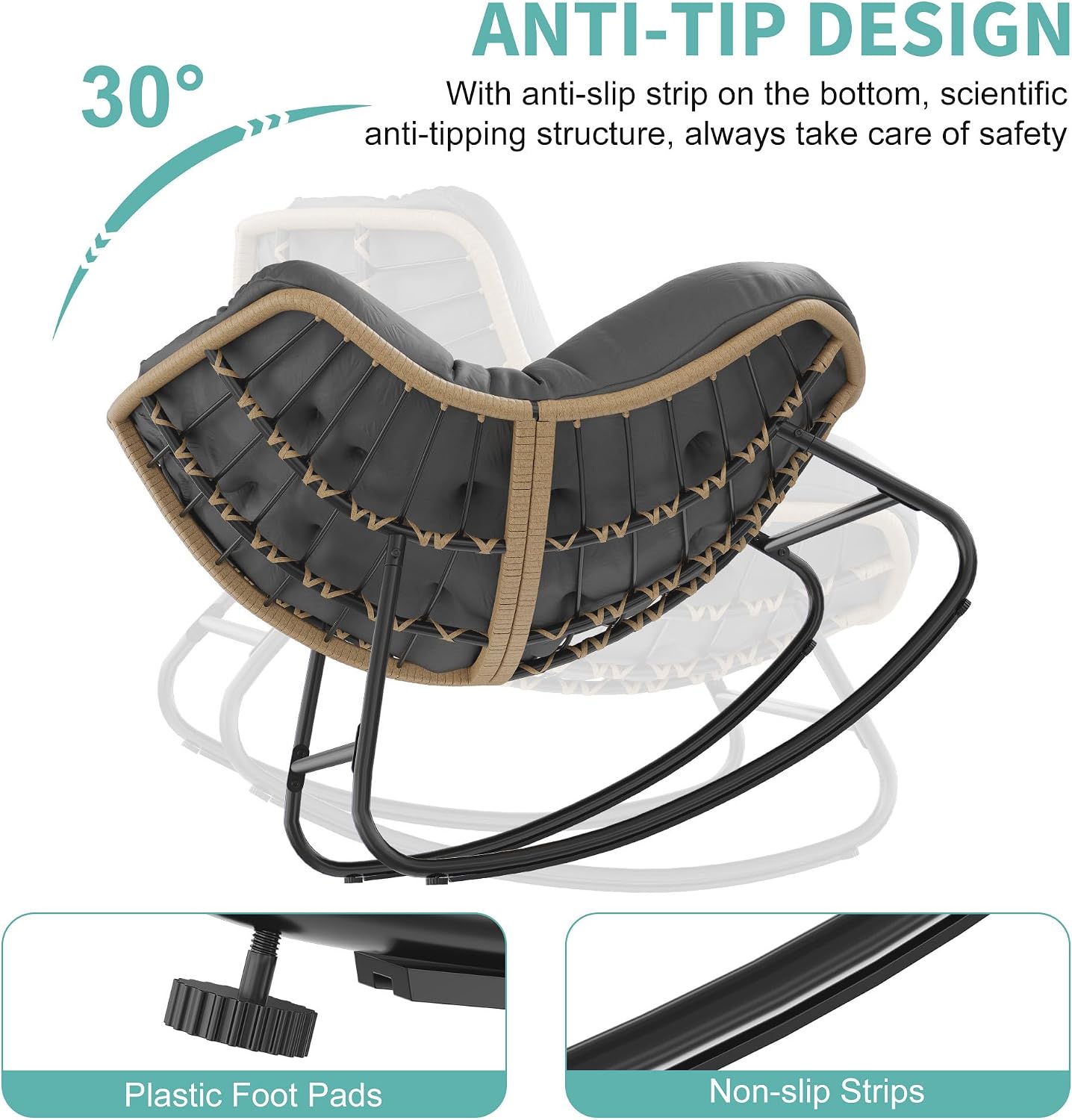 Fancyango Oversized Egg Rocking Chair for Indoor/Outdoor – All-Weather Wicker Rattan Lounge Chair with Cushion, Patio Rocker for Porch, Garden, or Balcony (Dark Grey1, 37.8' D x 36.6' W x 33' H)