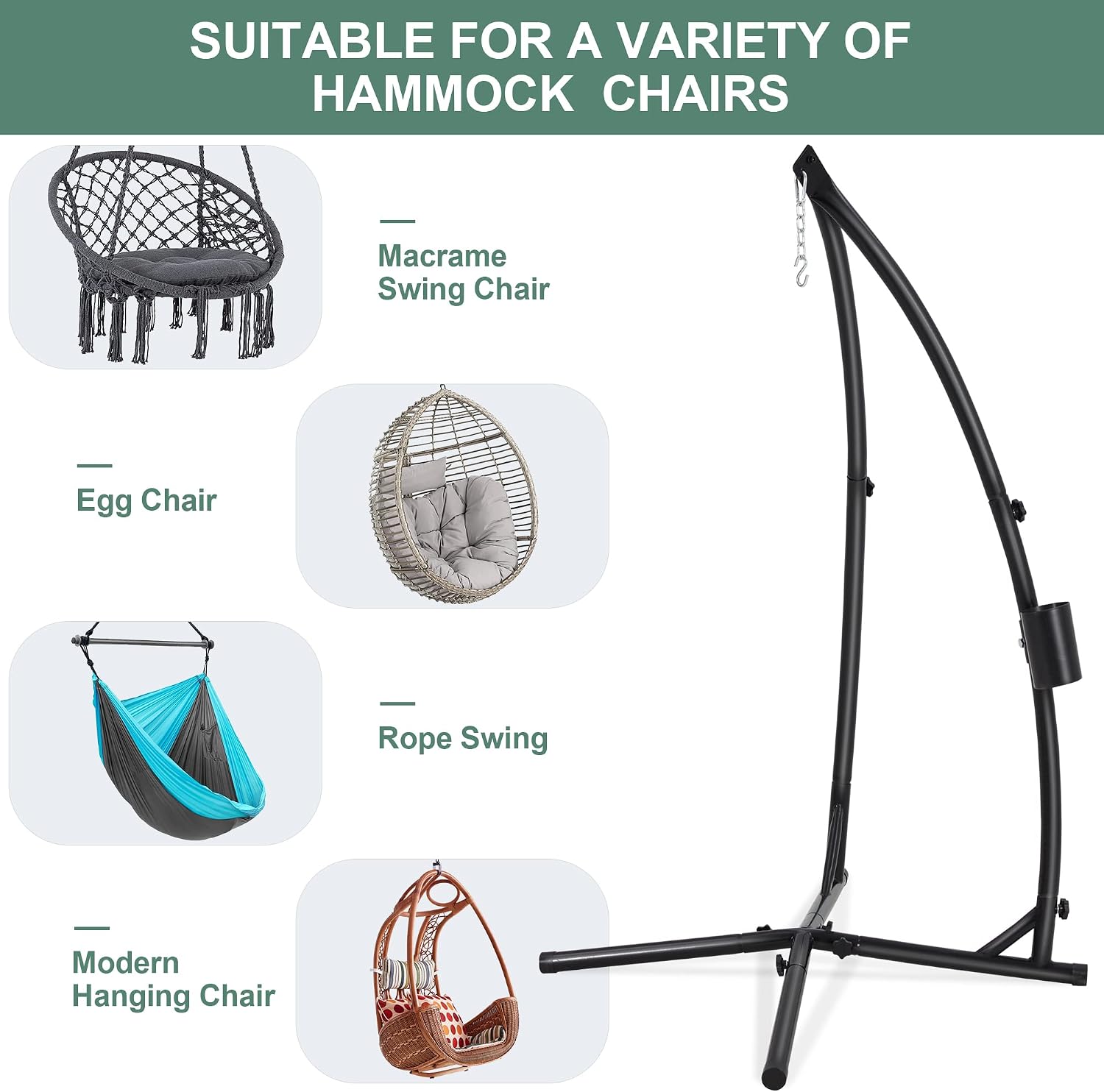 Eusuncaly Hanging Hammock Chair Stand Swing Chair Stand for Indoor/Outdoor,C-Type Solid Steel Heavy Duty Hammock Chair Stand,Weight Capacity 440 Lbs Hanging Chair Stand Only Black AD333