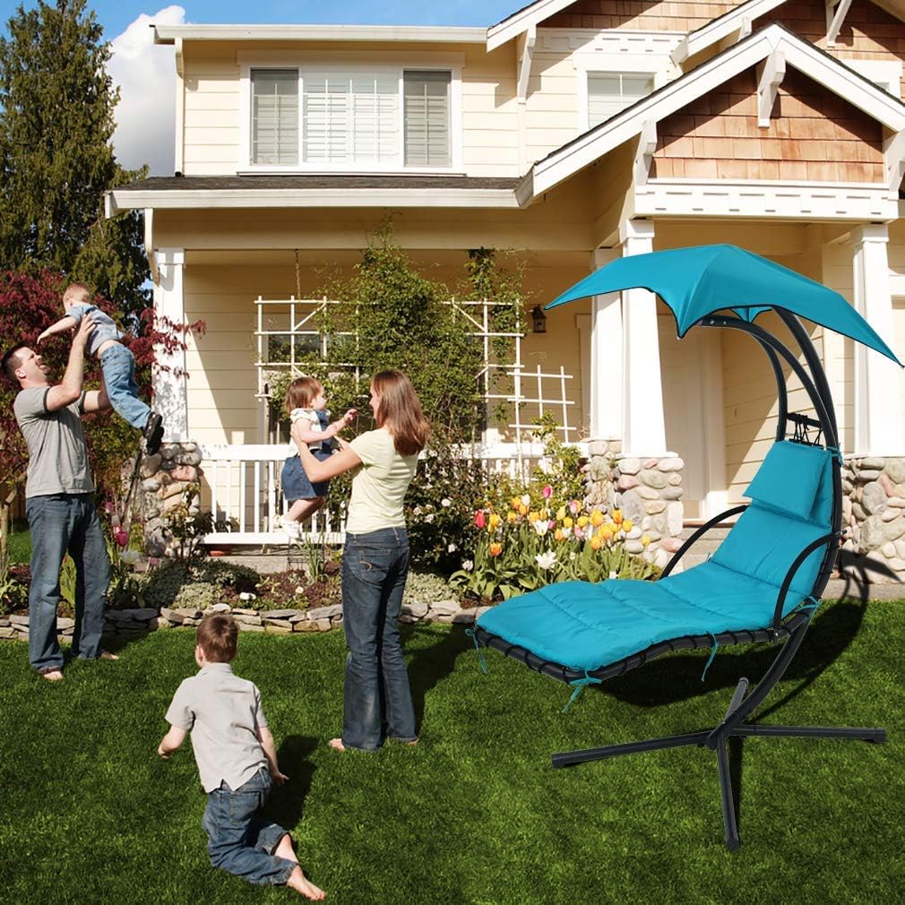 Hammock Chair Hanging Chair Lounge Chairs Outdoor Porch Swing Arc Stand with Canopy Umbrella and Pillow, 280 LBS Capacity, Heavy Duty Large Air Floating Chaise Chair for Patio Backyard Deck - Blue