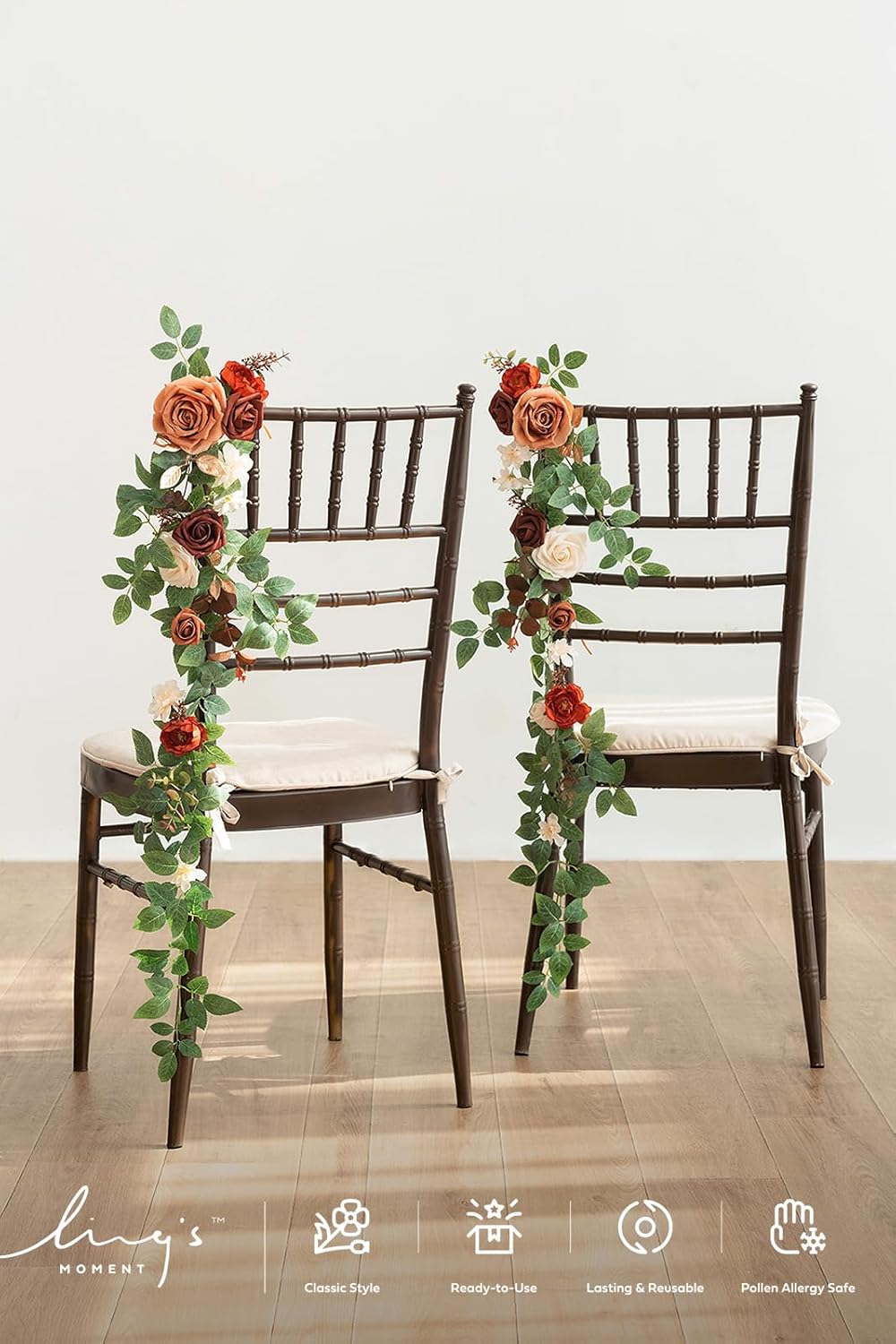 Ling's Moment Fall Wedding 10pcs Chair Decorations Aisle Floral Swag Artificial Pew Flowers Hanging Garlands Orange Terracotta for Ceremony Reception Church Rose Floral Arrangement Party Outdoor Decor