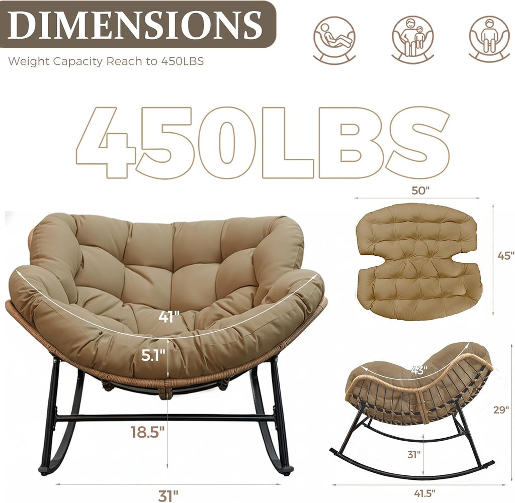 FINCATI Papasan Rocking Chair Indoor Outdooor, Oversized Wicker Recliner with Cushion and Frame, 450 lbs Heavy Duty Large Lounge Egg Chairs, Comfy Patio Rocker for Balcony Porch Garden Living Room