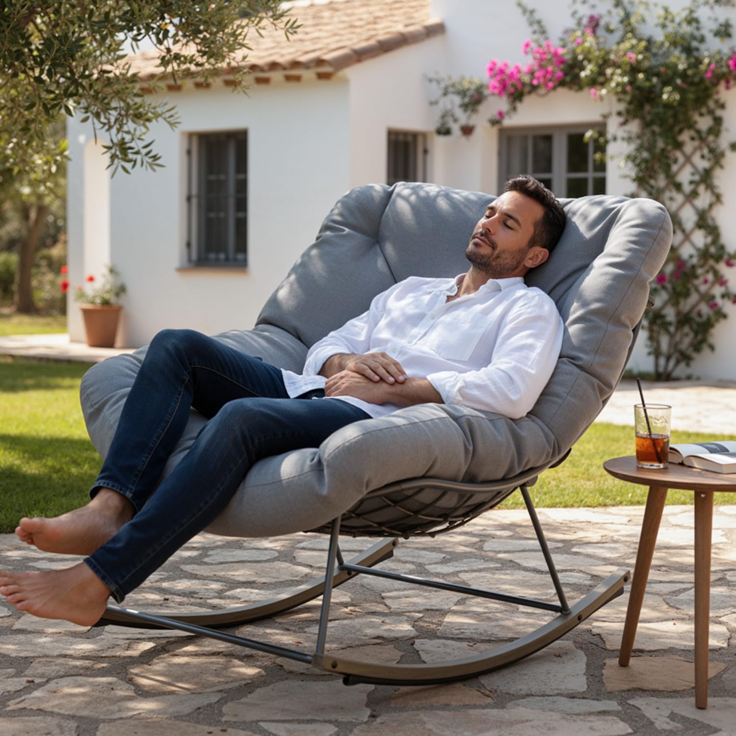 Outdoor Patio Rocking Chair, Oversized Papasan Chair with Cushion and Frame, Comfy Modern Rocker Egg Chair for Living Room, Garden Backyard, Grey