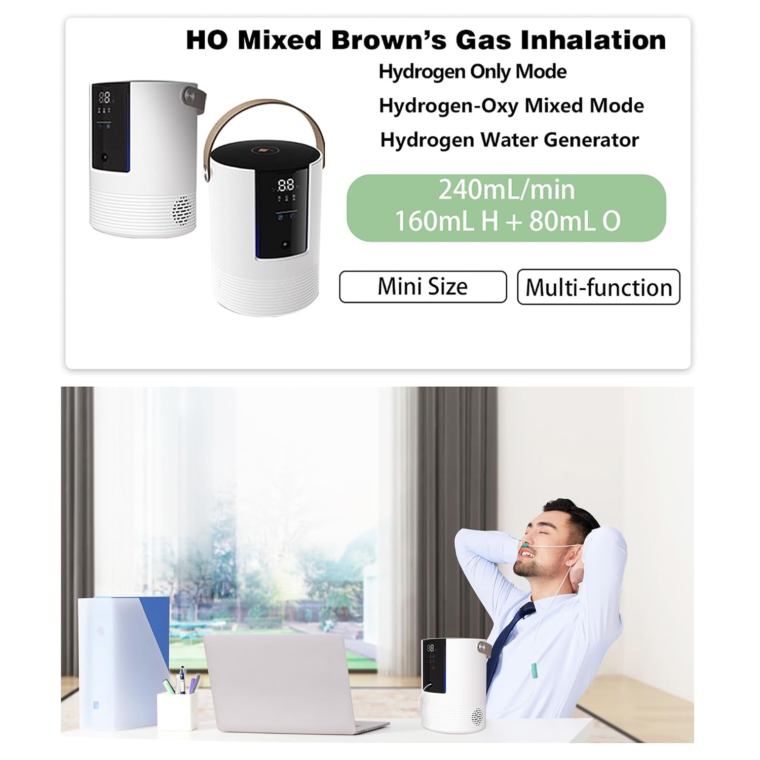 3-in-1 Hydrogen Inhalation Machine 240mL & Hydrogen Water Generator, 99.996% Ultra-Pure, Latest SPE/PEM Ionizer with Platinum Electrodes, 4-Hour Night Mode, Portable for Home, Travel, Car Use