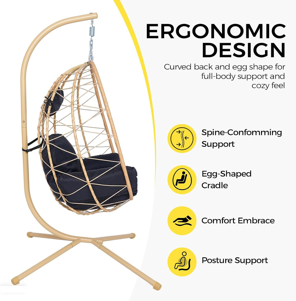 Egg Chair with Stand, Wicker Hanging Chair for Outdoor Patio, Cushioned Hammock Swing for Bedroom Garden Indoor/Outdoor, Double-Zipper Structure Hanging Egg Chair (Yellow Frame and Black)