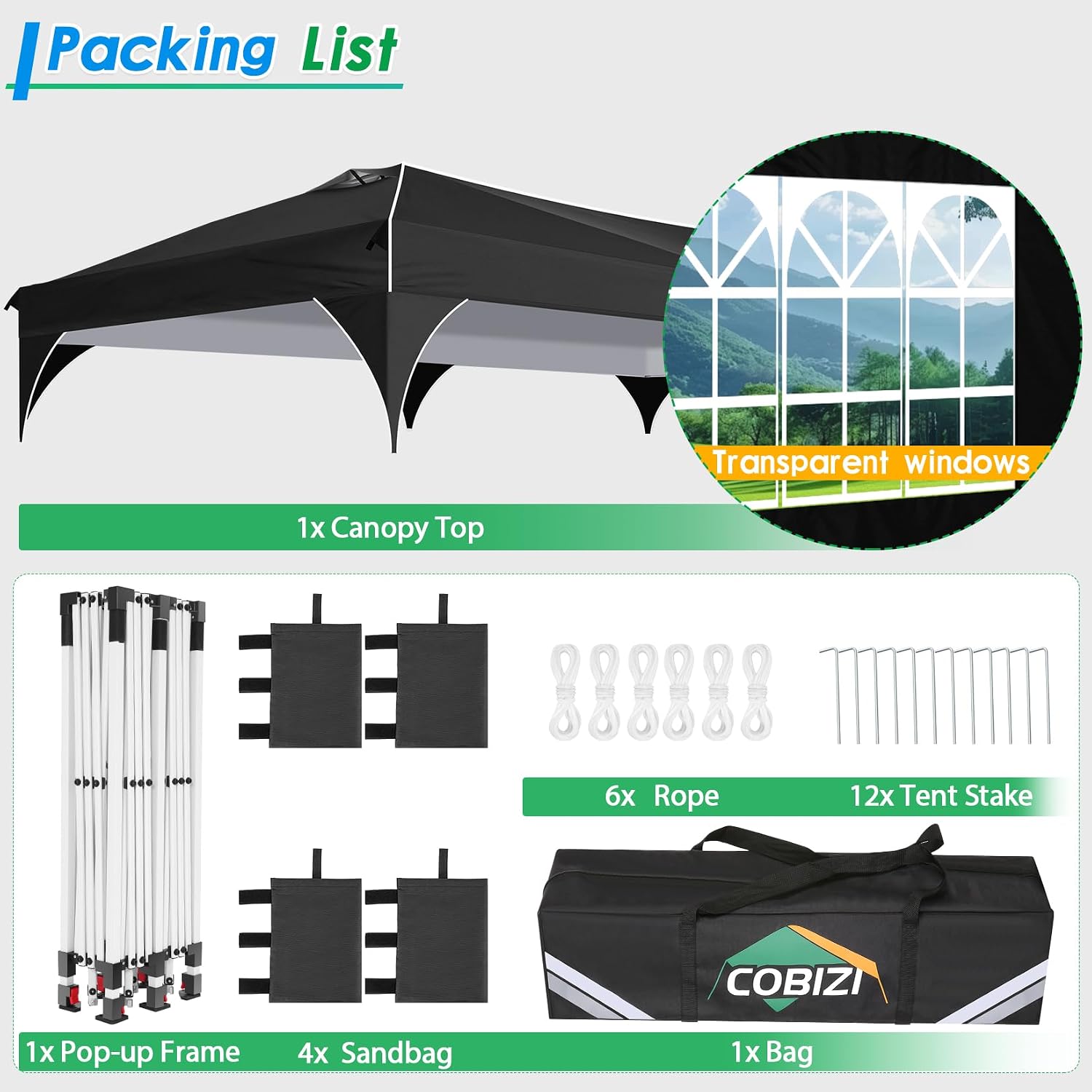 COBIZI 10x20 Pop up Canopy Tent with 4 Sidewalls Outdoor Canopy Tent for Party with Push Center Lock & Air Vent, 2000mm+Waterproof Gazebo Canopy UPF 50+with 4 Sandbags,12 Stakes & 6 Ropes,Black
