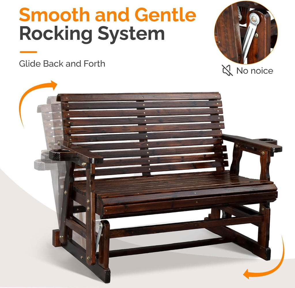 VINGLI Outdoor Glider Wood Patio Chair with Cup Holders, Outdoor Bench Glider Loveseat with Smooth Rocking Mechanism, Heavy Duty 800 LBS, Rustic
