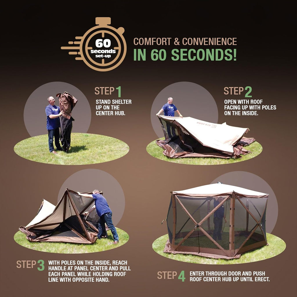 CLAM Quick Set Pavilion 12.5 x 12.5 Foot Portable Pop Up Outdoor Camping Gazebo Screen Tent Canopy Shelter and Carry Bag with Tarp Cover, Brown