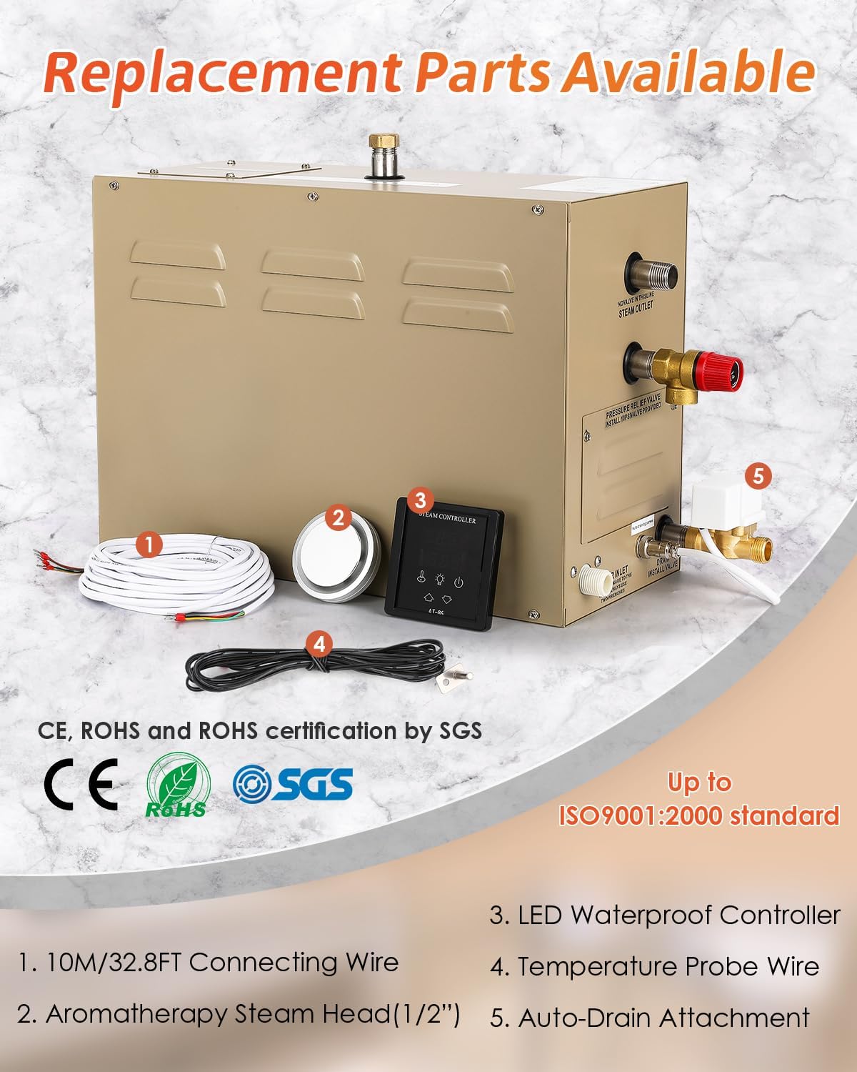 Steam Shower Generator Kit 9KW for Bath Sauna SPA, Aromatherapy Steam Head, Self-draining System, LED Touchscreen Controller, 12-Hour Timer 77-131℉ for 318CBFT/9m³ Room