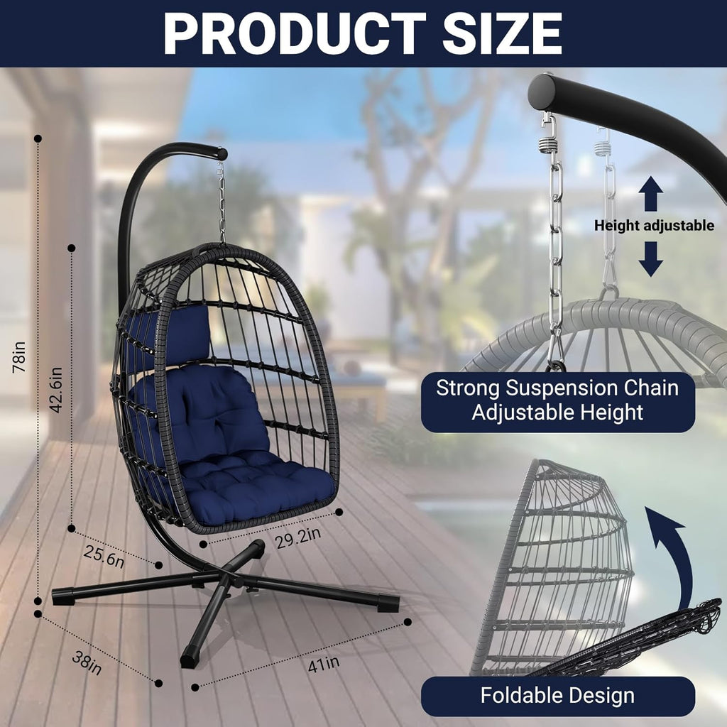 CHABATREE Egg Chair with Stand,Patio Rattan Wicker Hanging Swing Egg Chair Hammock Chair for Bedroom Porch Garden,Thickened Aluminum Alloy Steel Frame and UV Resistant Cushion,350LBS Capacity