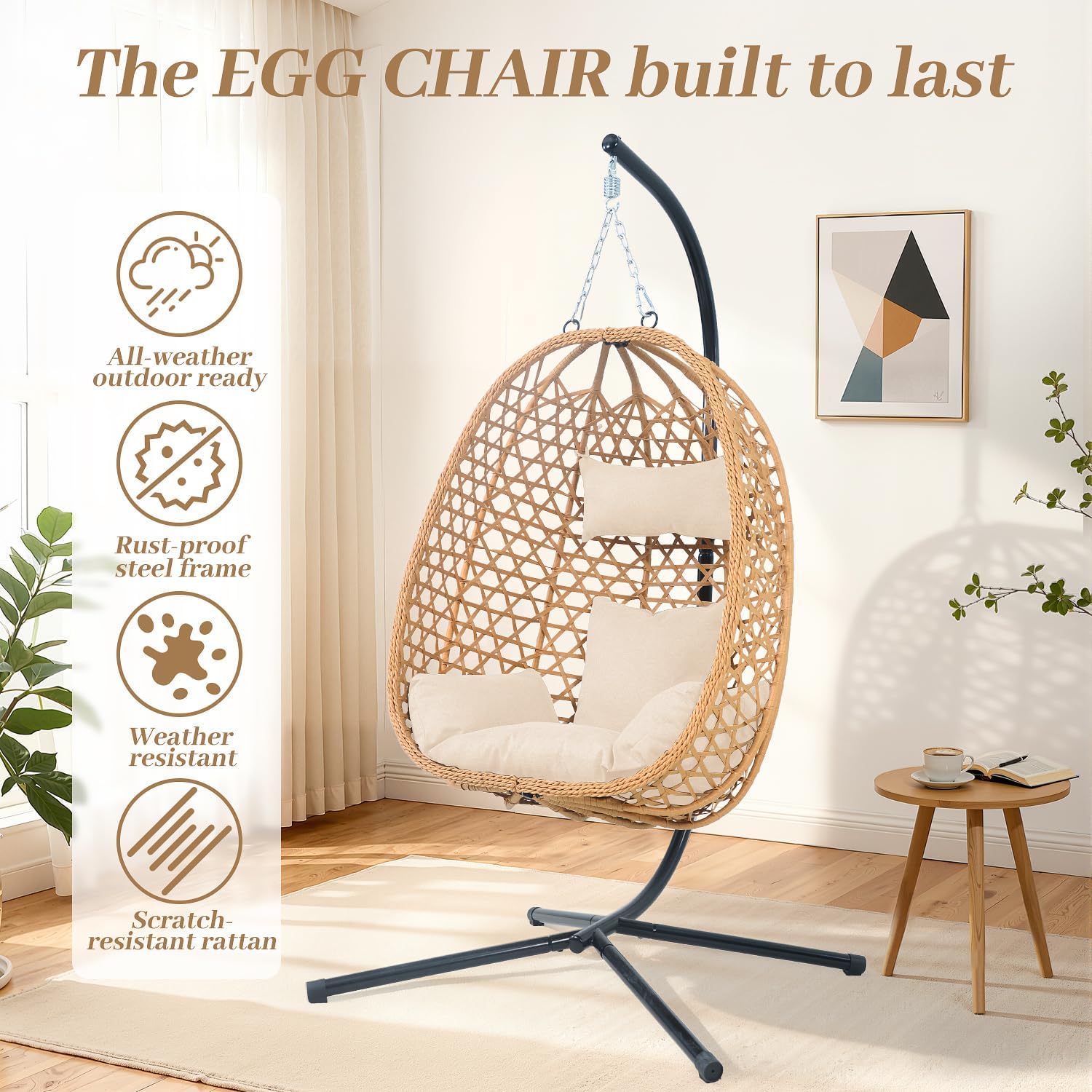 EortheX Hanging Egg Chair with Cushions – Comfortable Rattan Swing Chair with Stand for Patio, Garden, or Balcony – Stylish and Relaxing Outdoor Lounge Chair, 350LBS Capacity Indoor Outdoor (Yellow)