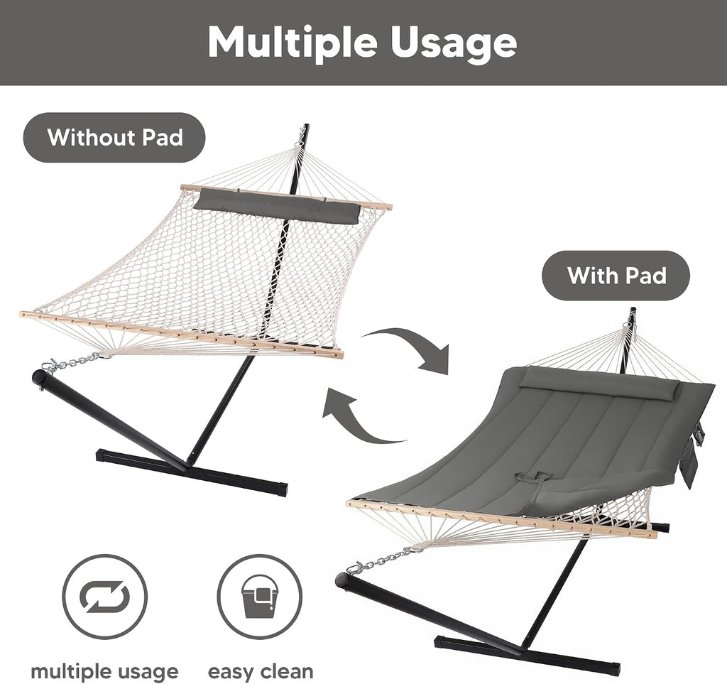 SUNCREAT Double Outdoor Hammock with Stand, Carrying Bag, Two Person Cotton Rope Hammock with Polyester Pad, Dark Gray
