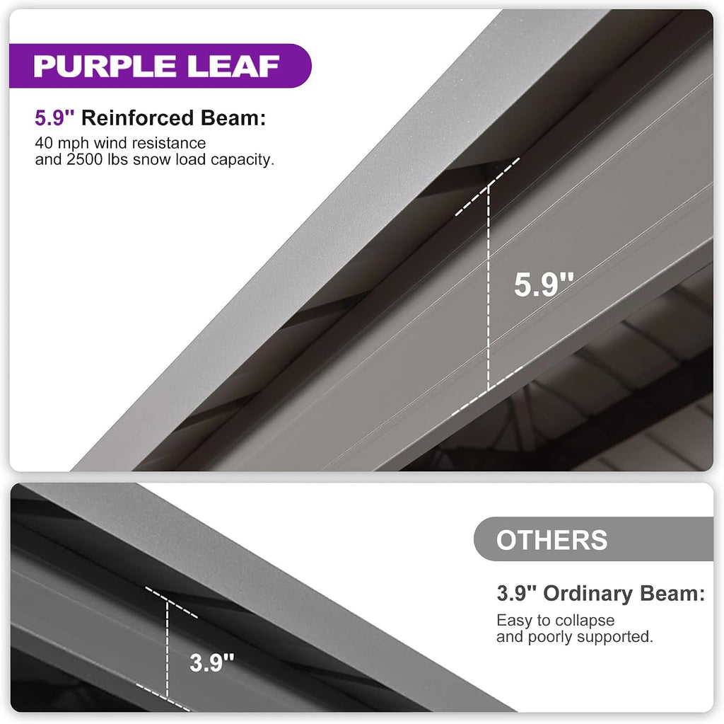 PURPLE LEAF 10' x 12' Outdoor Hardtop Gazebo with 7 Pieces Outdoor Dining Set, Champagne Aluminum Gazebo with Galvanized Steel Double Roof, Curtains and Netting for Patio Lawn and Garden