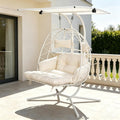 Double Egg Chair Outdoor with Stand & Canopy, 2 Person Hanging Egg Chair with Footrest, Oversized Rattan Wicker Egg Swing Chair for Bedroom Garden, 660Lbs, White