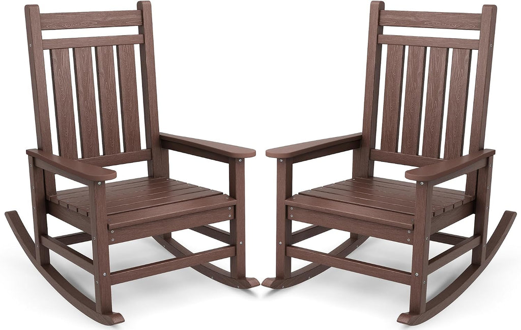 SERWALL Oversized Outdoor Rocking Chair Set of 2, HDPE Rocker for Adults, Patio Rocking Chairs for Porch, Brown
