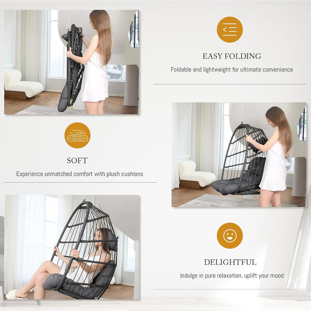 BULEXYARD Outdoor Egg Chair Without Stand, 350 Lbs Foldable Weather-Resistant Rattan Hanging Hammock with Cushion, Cozy Swing Basket Seat for Bedroom Balcony Patio Pergola Tree Mount, Dark Grey