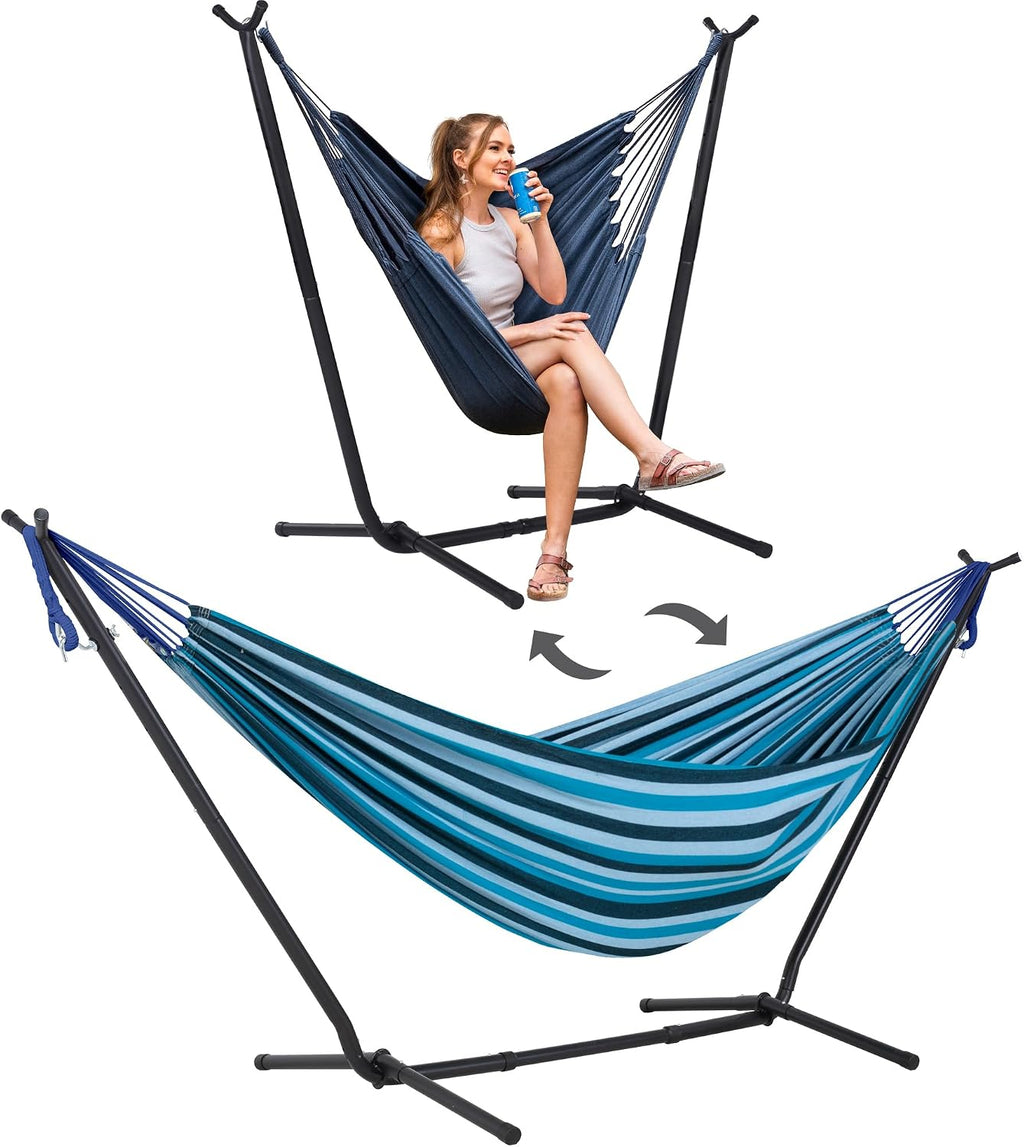 SUNCREAT 2-in-1 Convertible Backyard Fabric Hammock with Stand, Large Hammocks for Outside, Blue Stripes