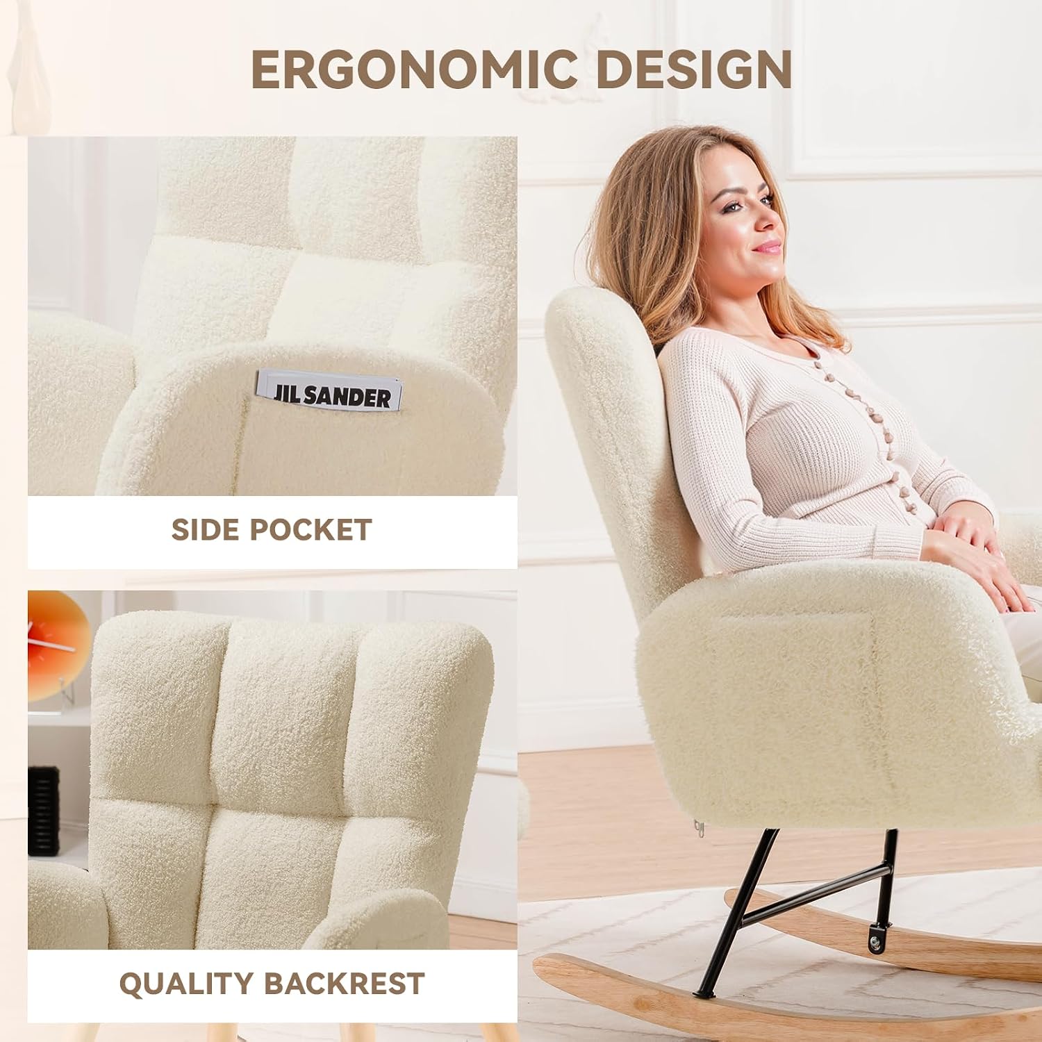 LUCKLIFE Rocking Chair Nursery,Teddy Upholstered Glider Rocker Chair with High Backrest,Reading Chair Modern Rocking Accent Chairs with Side Pockets for Living Room,Bedroom (Without Ottoman, Beige)