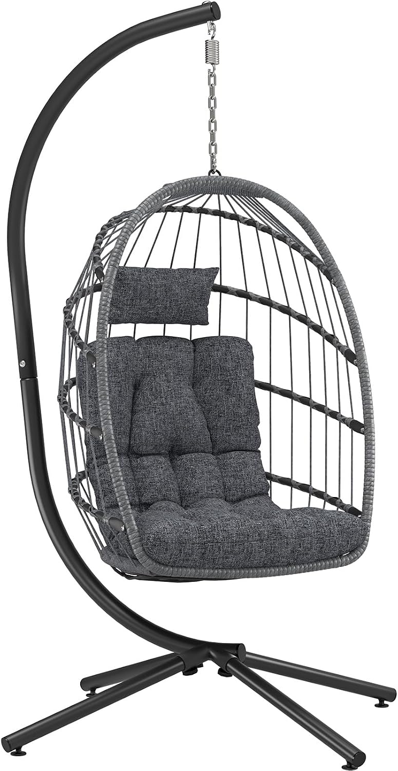 LEYCAY Hanging Egg Chair with Stand, Outdoor Indoor Swing Egg Chair with Cushion, Wicker Hammock for Patio, Bedroom 350 LBS Capacity-Dark Grey